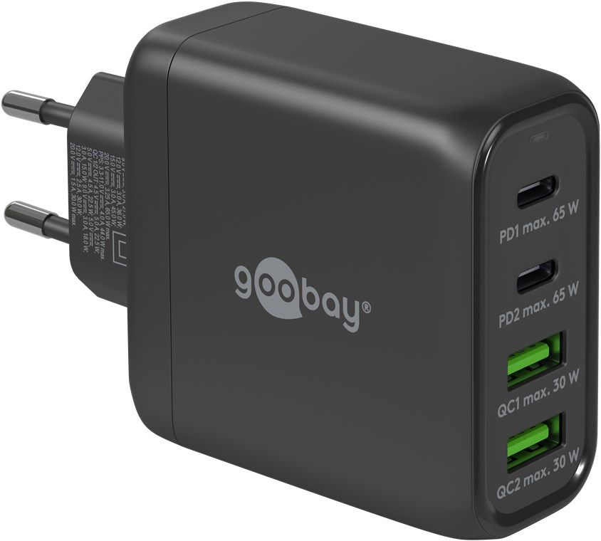 Goobay USB-C™ PD Multiport-Schnellladegerät (68 W) schwarz - 2x USB-C™-Anschlüsse (Power Delivery) und 2x USB-A-Anschlüsse (Quick Charge) - schwarz