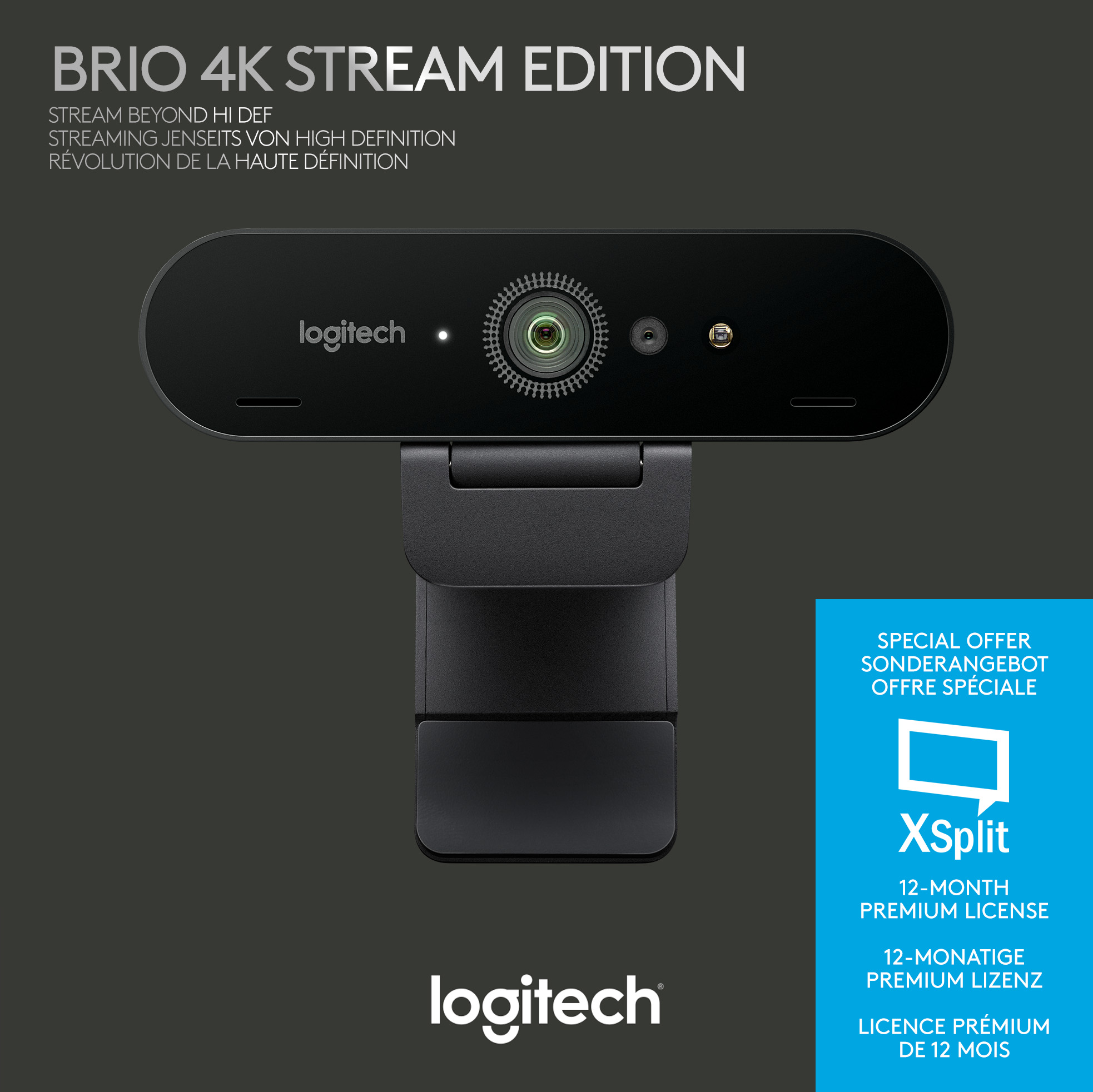Logitech Webcam BRIO Stream, 4K Ultra HD, schwarz 4096x2160, 30 FPS, USB, Privacy Shutter, Software, Retail