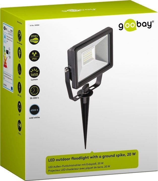 Goobay LED Außen-Flutlichtstrahler mit Erdspieß, 20 W - Lichtlösung für Hauseingänge, Zugangswege, Garten & Co.