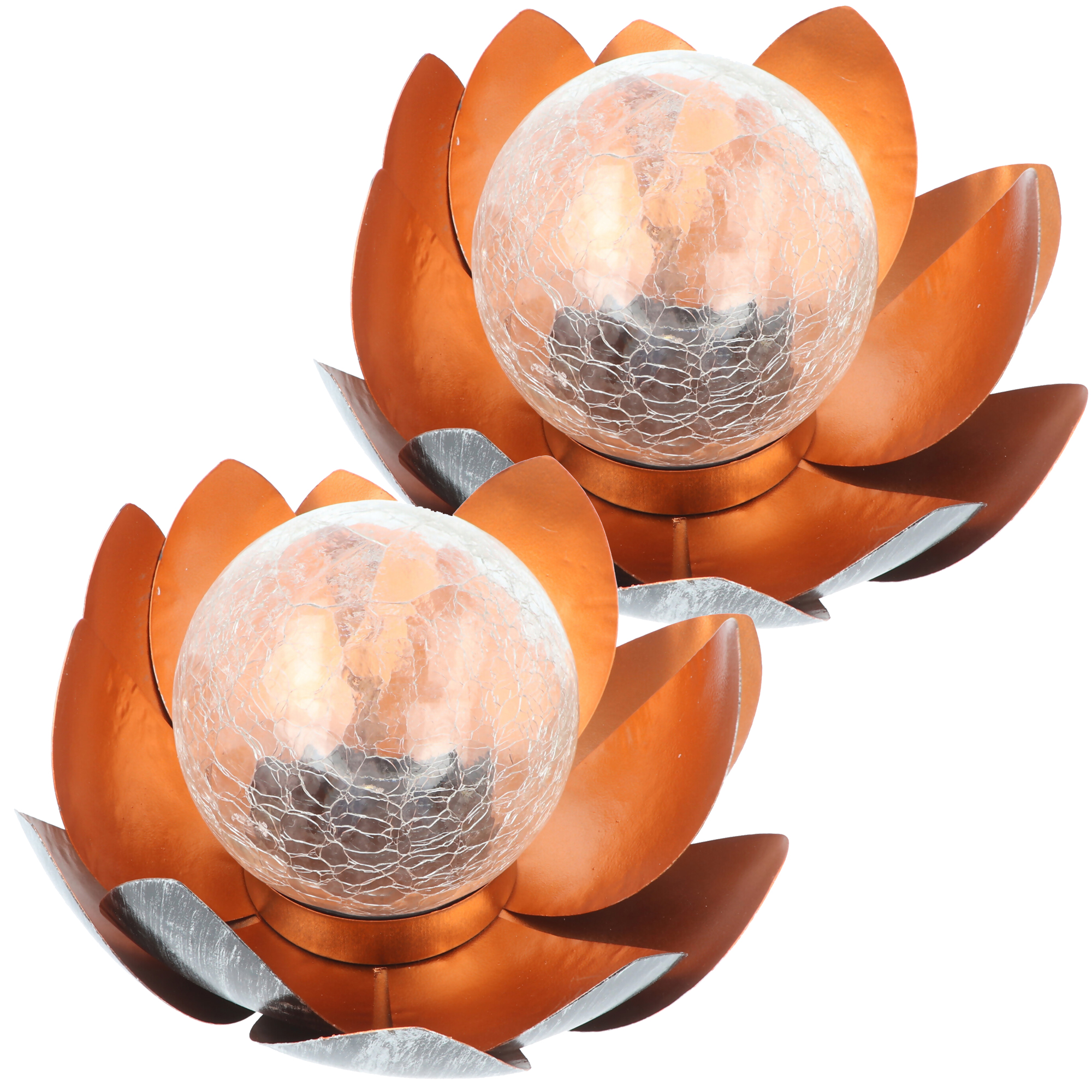 2x Dekorative Solar Lotusblüte aus Metall mit Glaskugel - angenehm warmweißes Licht - traumhafte Lichteffekte - Bruchglasoptik mit 4x Ersatzakku