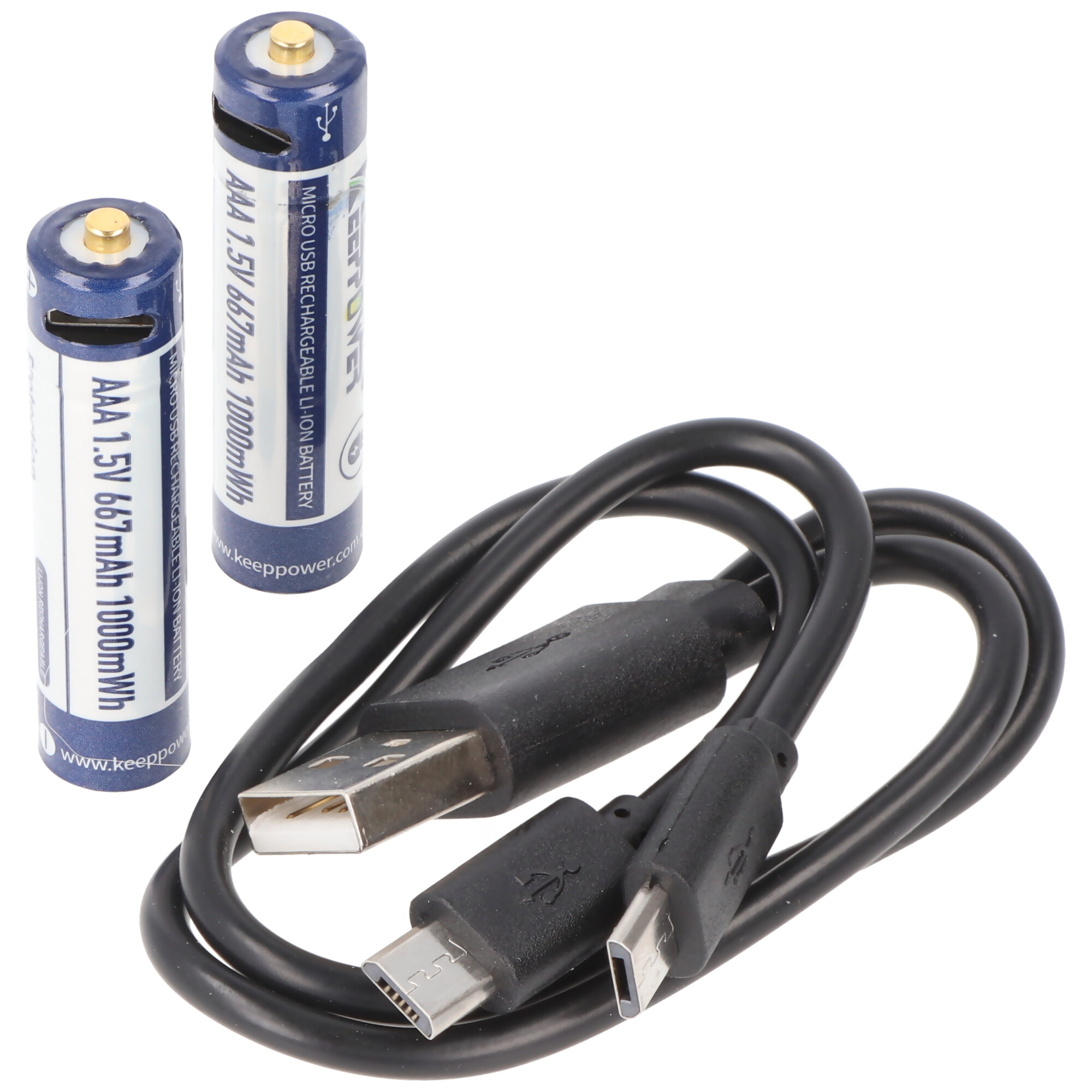 2 Stück Keeppower AAA 1,5V 1000mWh Lithium Ionen Akku, Micro, AAA, LR03, mit USB-Ladebuchse, wiederaufladbar über micro USB