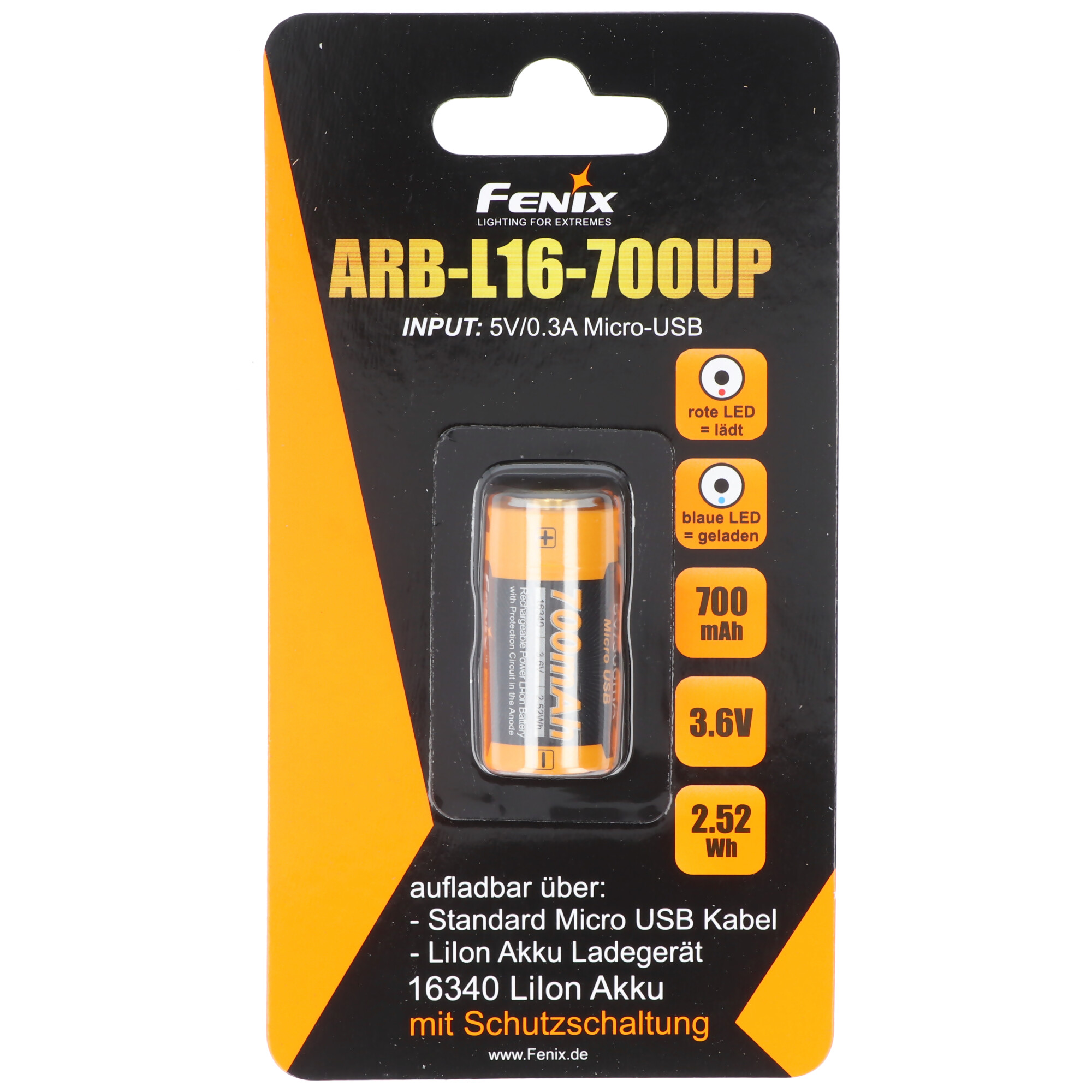 Fenix ARB-L16-700UP geschützter Li-Ion Akku 16340 RC123A für PD25 PD22UE, mit USB-Ladebuchse