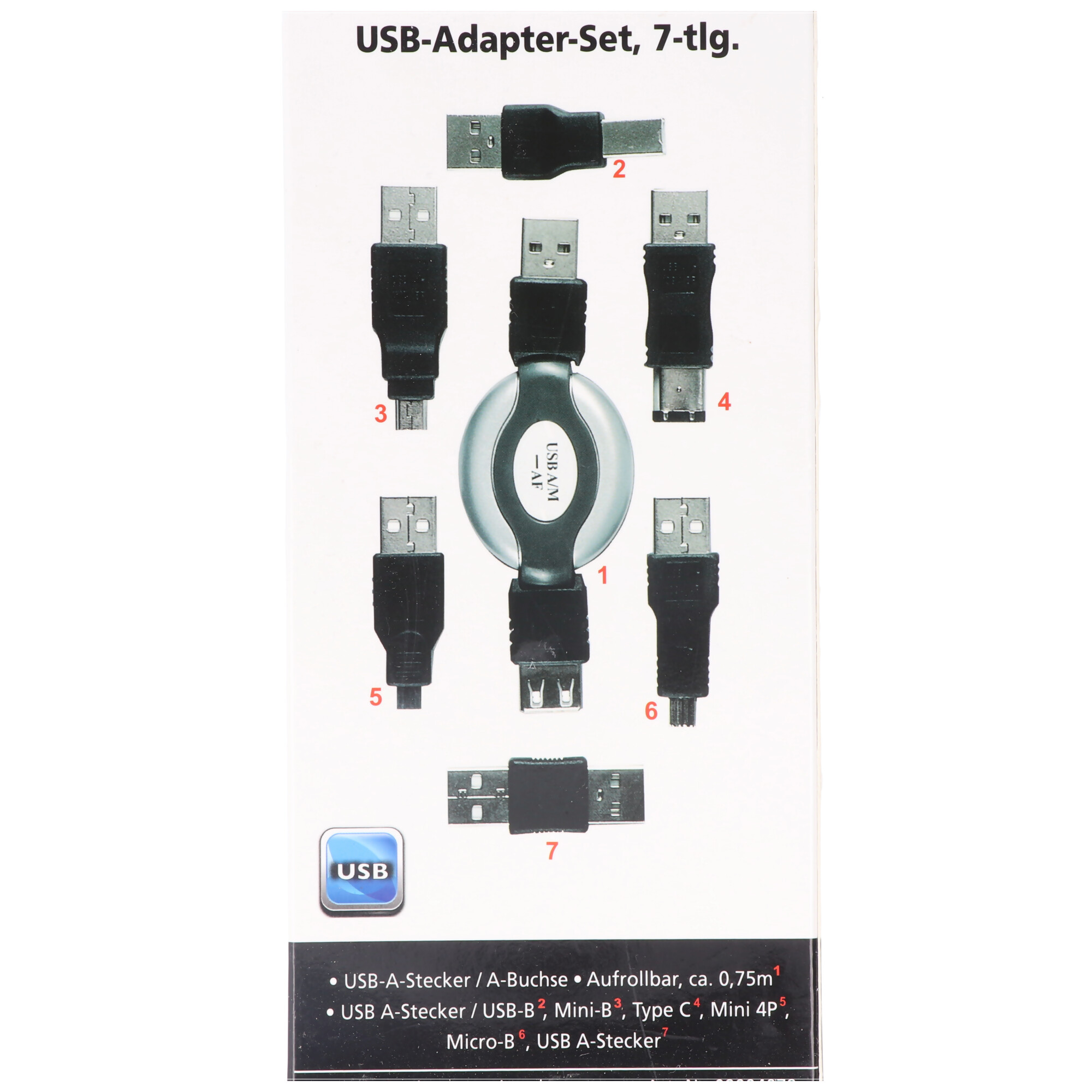 USB-Adapter-Set 7-teilig mit praktischer Aufrollbox, USB-Verlängerungskabel für den direkten Anschluss an einem USB-Gerät