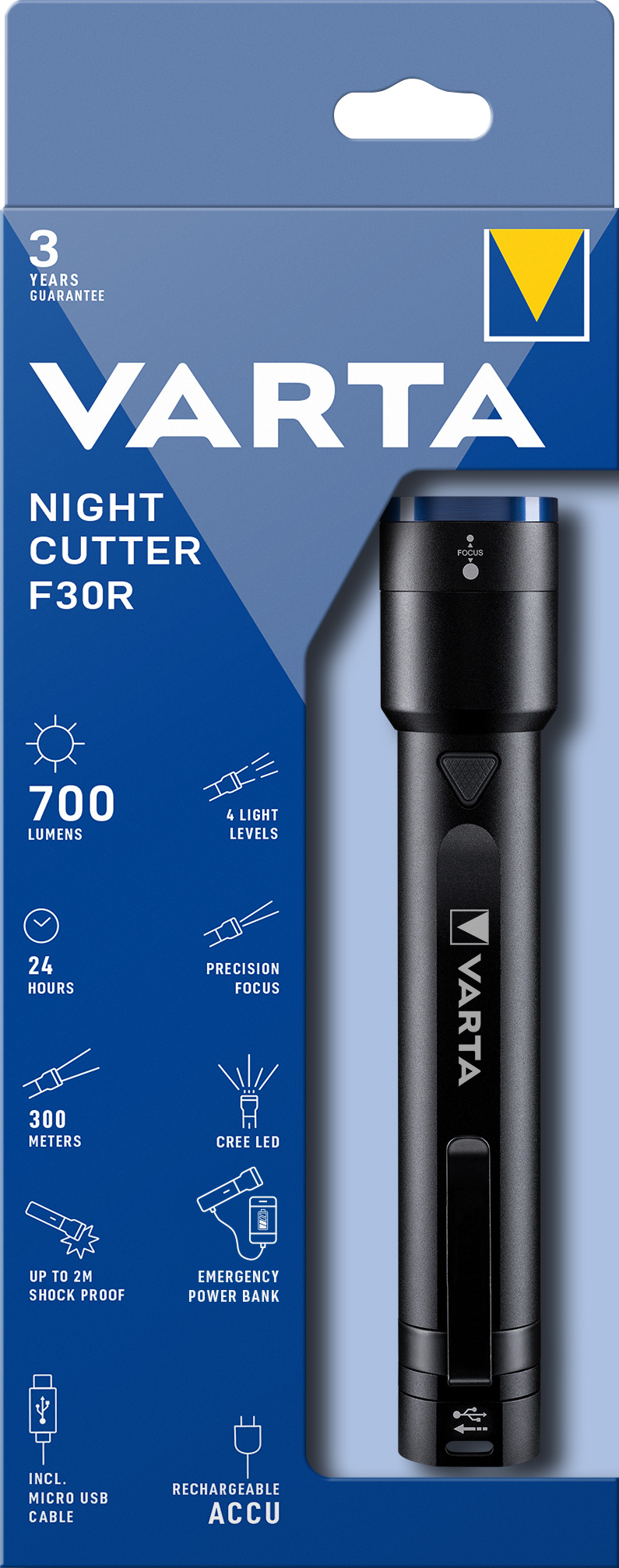 Varta LED Taschenlampe Night Cutter F30R 700lm, inkl. 1x Micro USB Kabel, Retail Blister