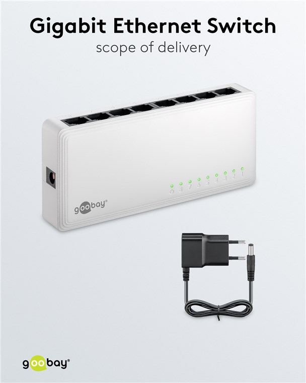 Goobay 8-Port Gigabit Ethernet Netzwerk-Switch - 8x RJ45-Buchsen, Autonegotiation, 1000 Mbit/s