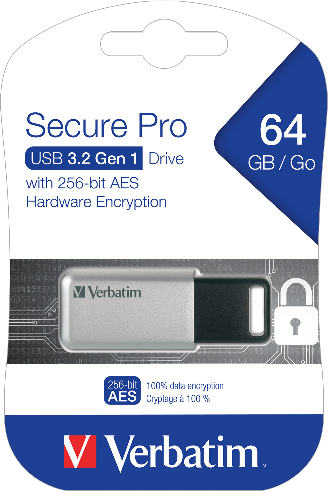 Verbatim USB 3.0 Stick 64GB, Secure Pro, Silber (R) 100MB/s, (W) 35MB/s, AES 256-Bit, Retail-Blister