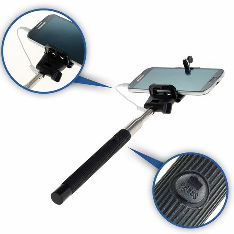 Selfie Maker mit Klemmhalter, Teleskop ausziehbar mit Auslösekopf für Smartphone und Action-Cam