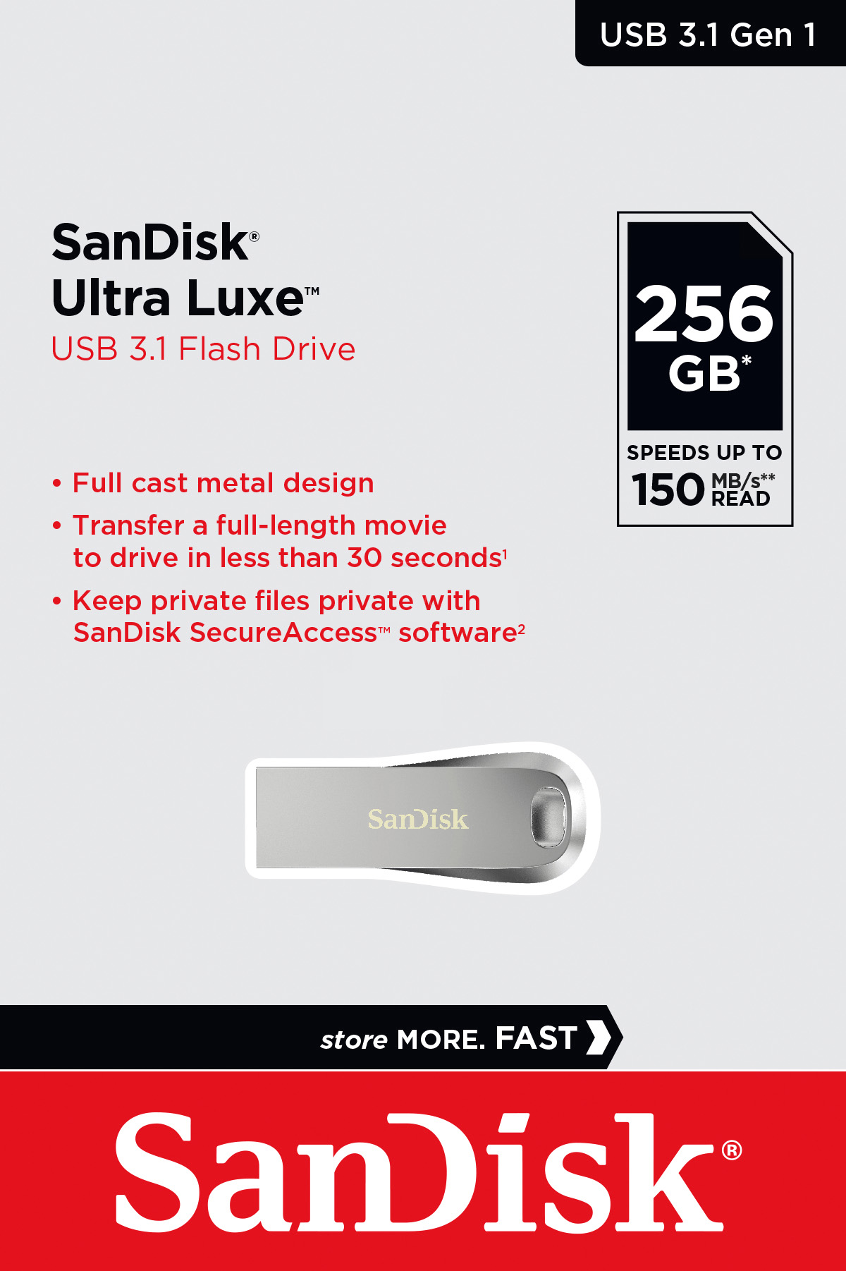 Sandisk USB 3.1 Stick 256GB, Ultra Luxe Typ-A, (R) 150MB/s, SecureAccess, Retail-Blister