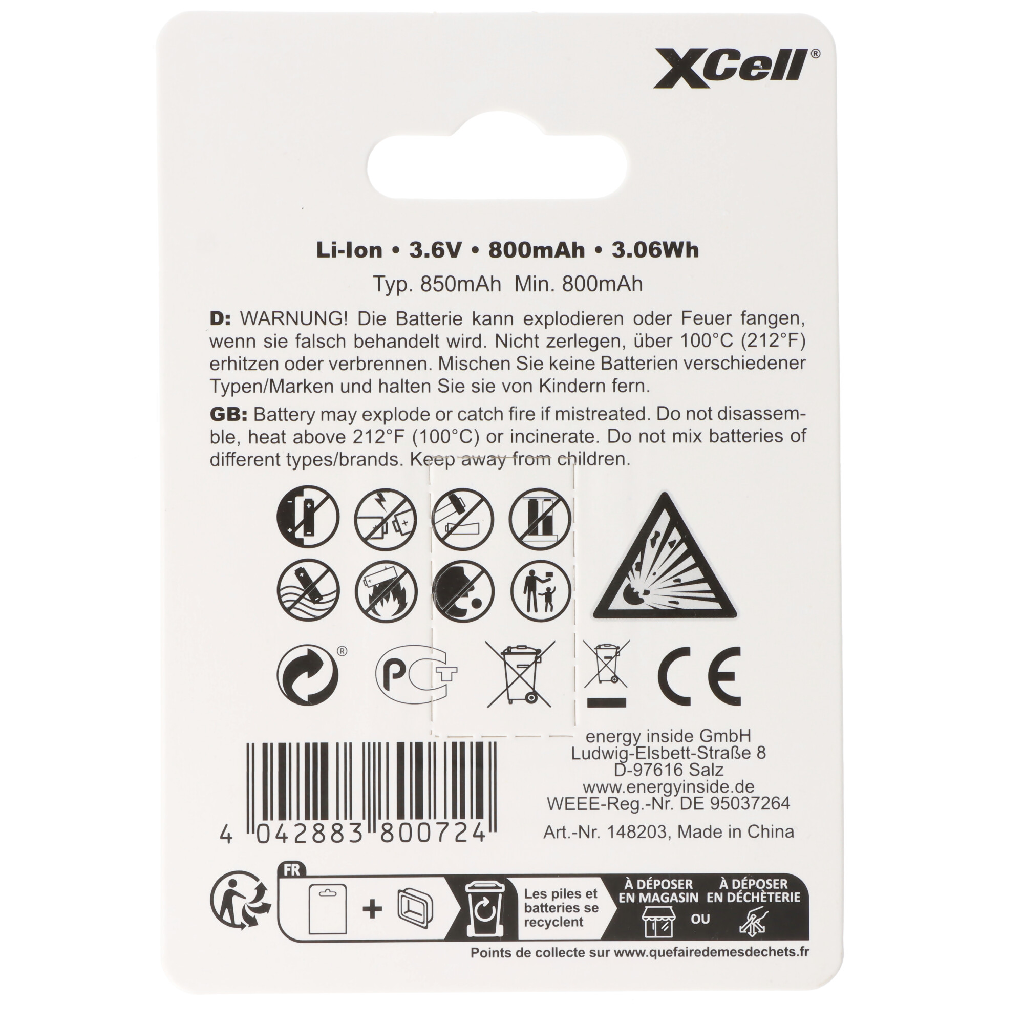XCell Pro 16340 Li-Ion Akku CR123A geschützter Li-Ion Akku, mit USB-C Ladebuchse, min. 800mAh max. 850mAh, 3,6 Volt