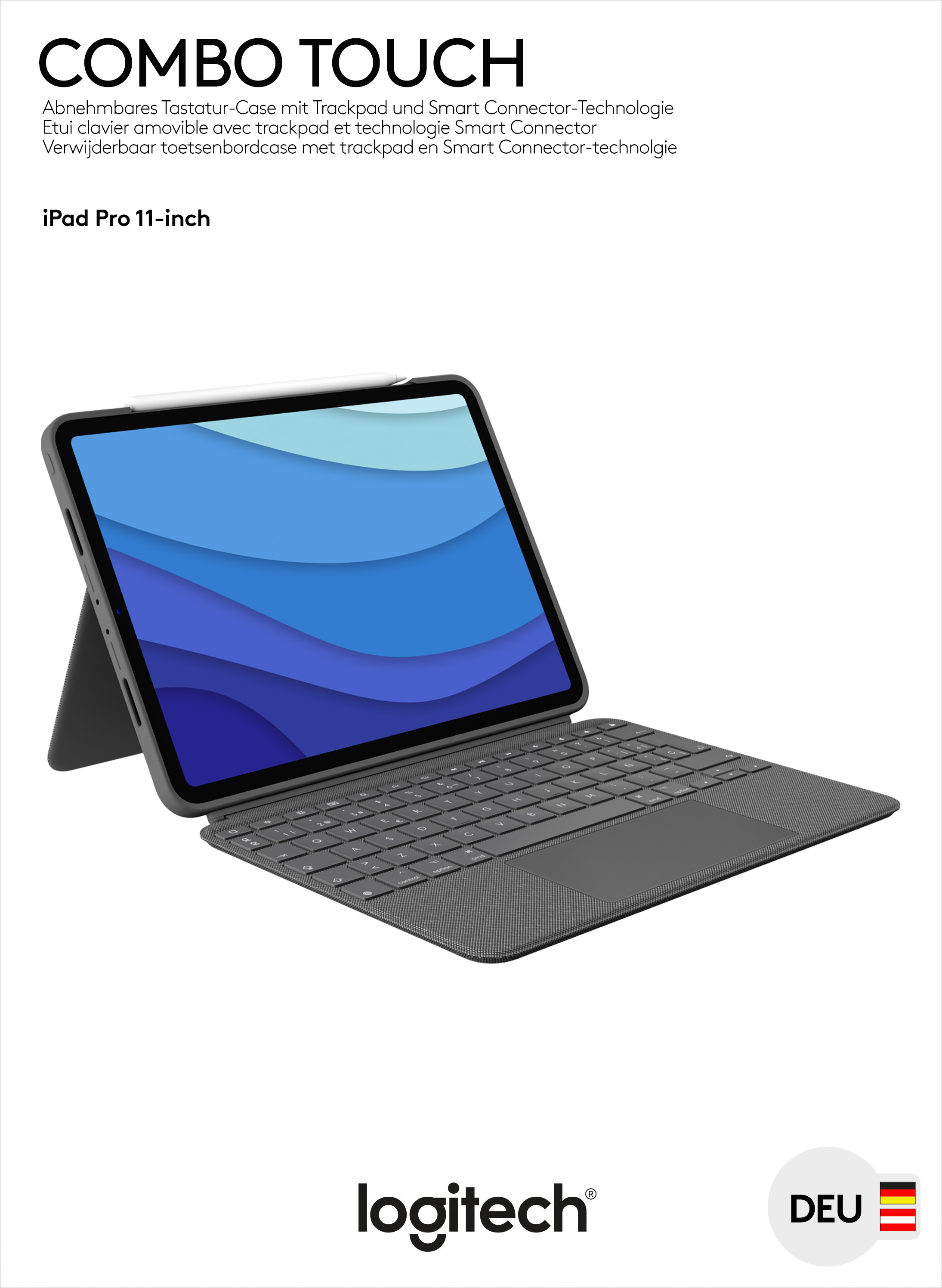 Logitech Tastatur Combo Touch, Smart Connector, grau für Apple iPad Pro 11", Gen.1/2/3/4, Trackpad, DE, Retail