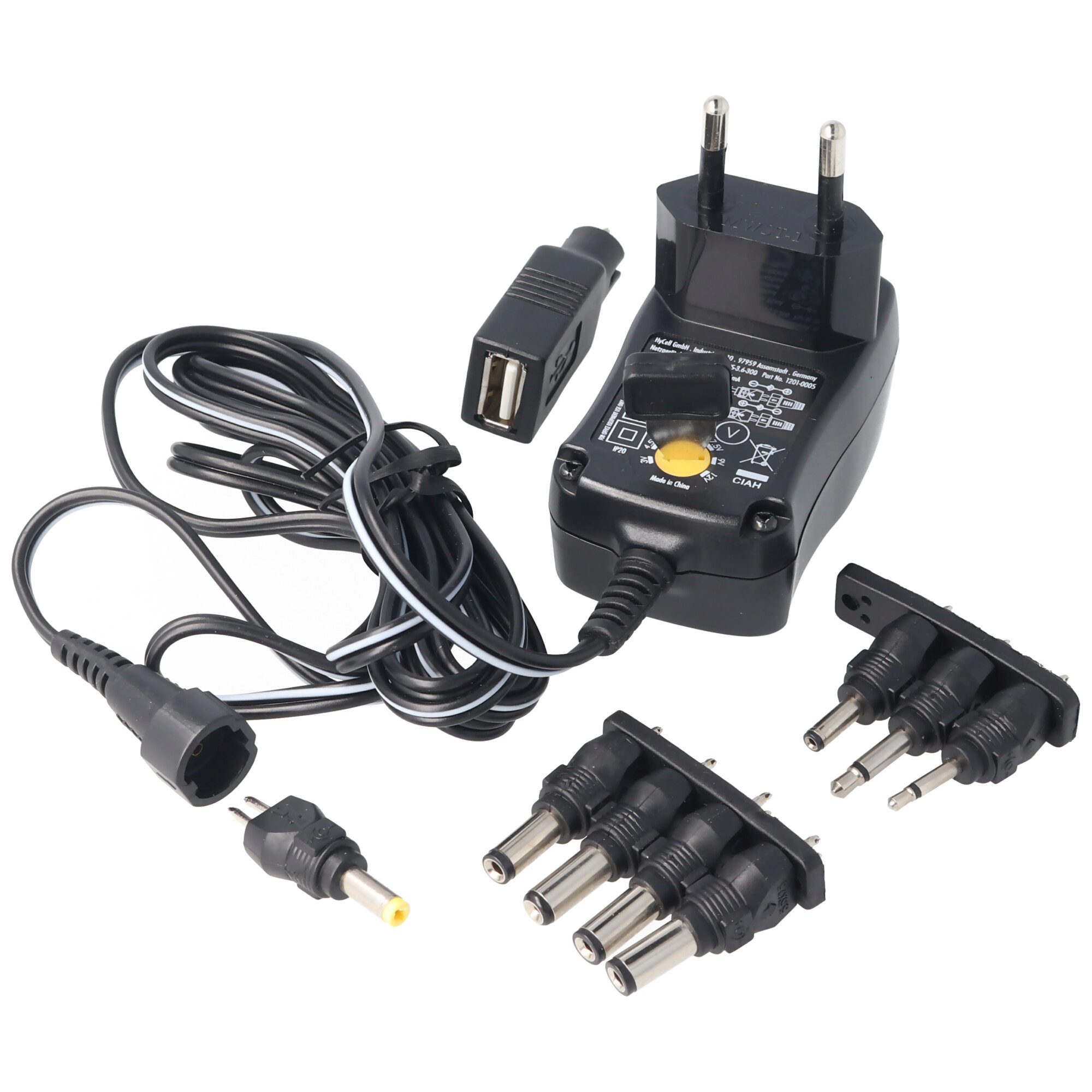 3 Volt bis 12 Volt Universal-Netzteil inklusive 1 USB- und 8 DC-Adaptern,  max. 3,6 W und 0,3A