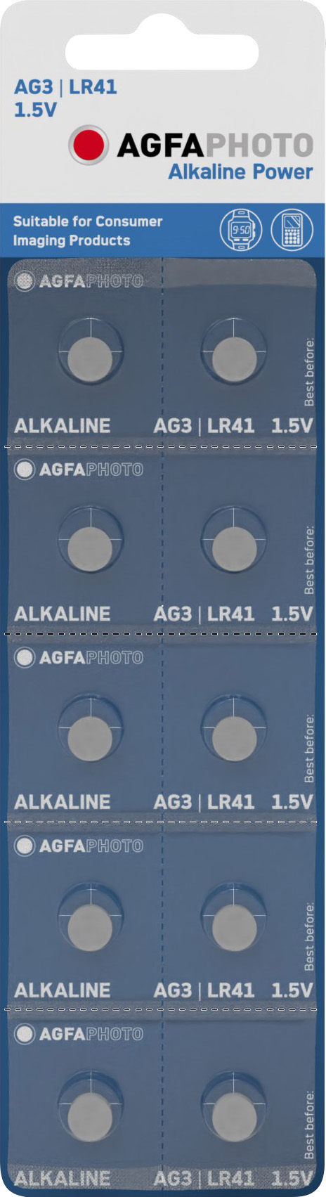 Agfaphoto Batterie Alkaline, Knopfzelle, LR41, V3GA, 1.5V Power, Retail Blister (10-Pack)
