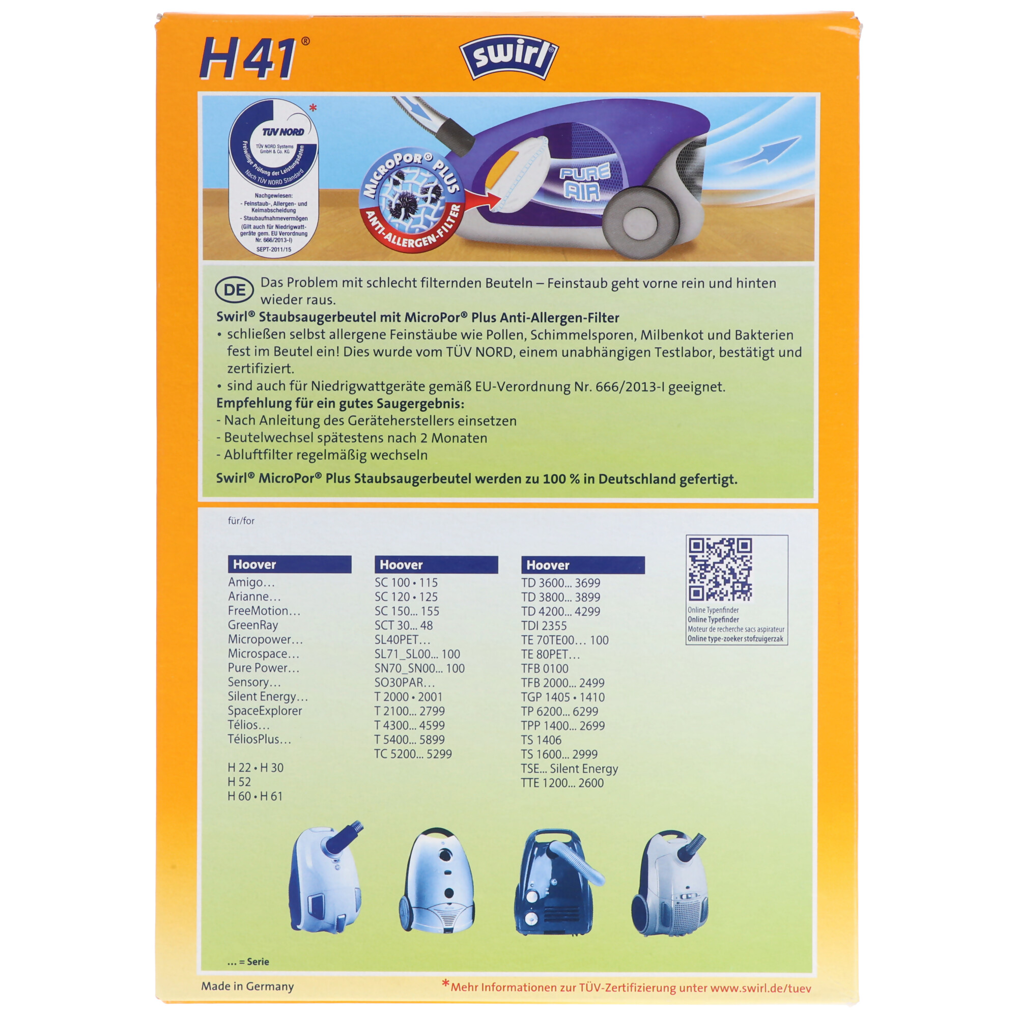 Swirl Staubsaugerbeutel H41 (H38) MicroPor Plus für Hoover Staubsauger