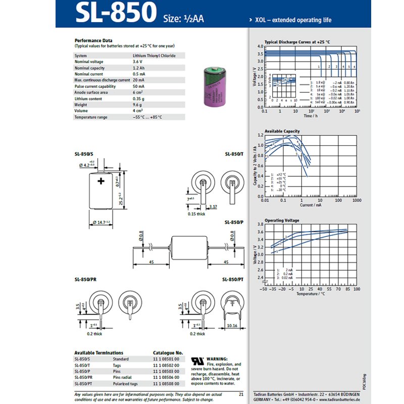 Tadiran LTC SL-850/S 1/2 AA Mignon System Lithium Thionyl Chloride