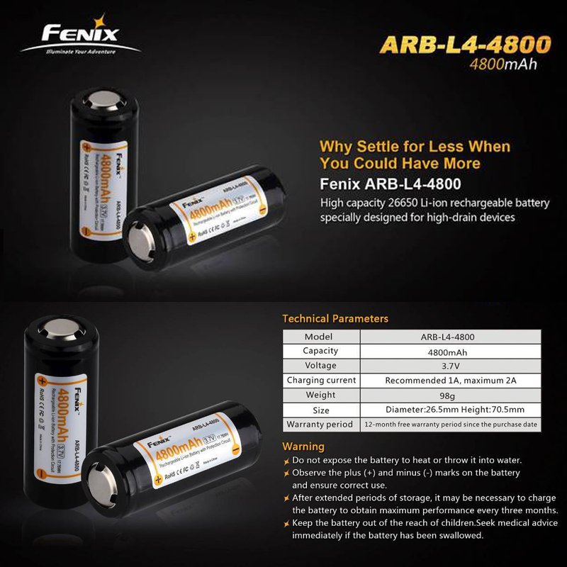 Fenix ARB-L4-4800 26650 Li-Ion Akku geschützt 3,7 Volt mit 4800mAh