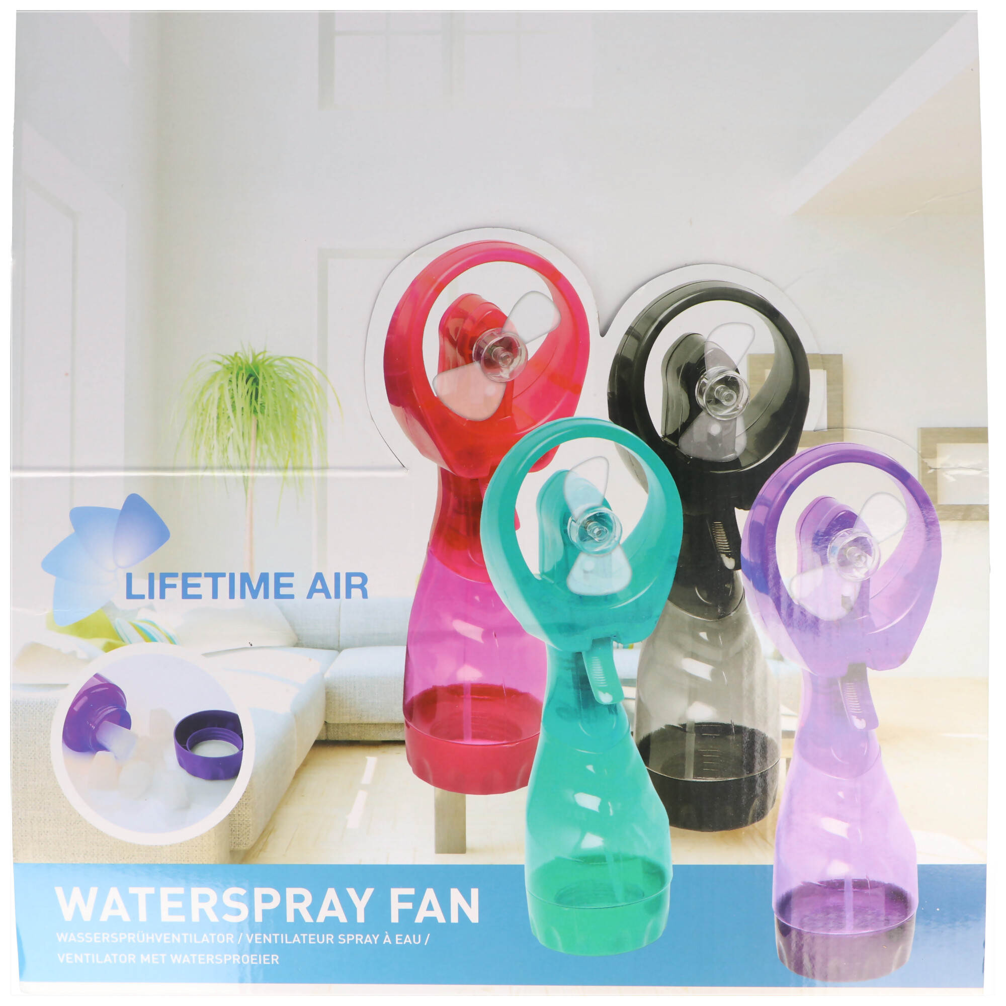 Handventilator mit Wasserzerstäuber, Wassersprühventilator, Ventilator mit Sprühflasche, farblich sortiert
