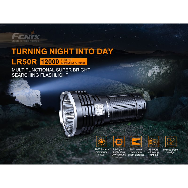 Fenix LR50R LED-Taschenlampe TK75, 12000 Lumen, 950 Meter Reichweite, USB-C Ladeport, Powerbank Funktion, inklusive Akkupack mit 3,6V 16000mAh