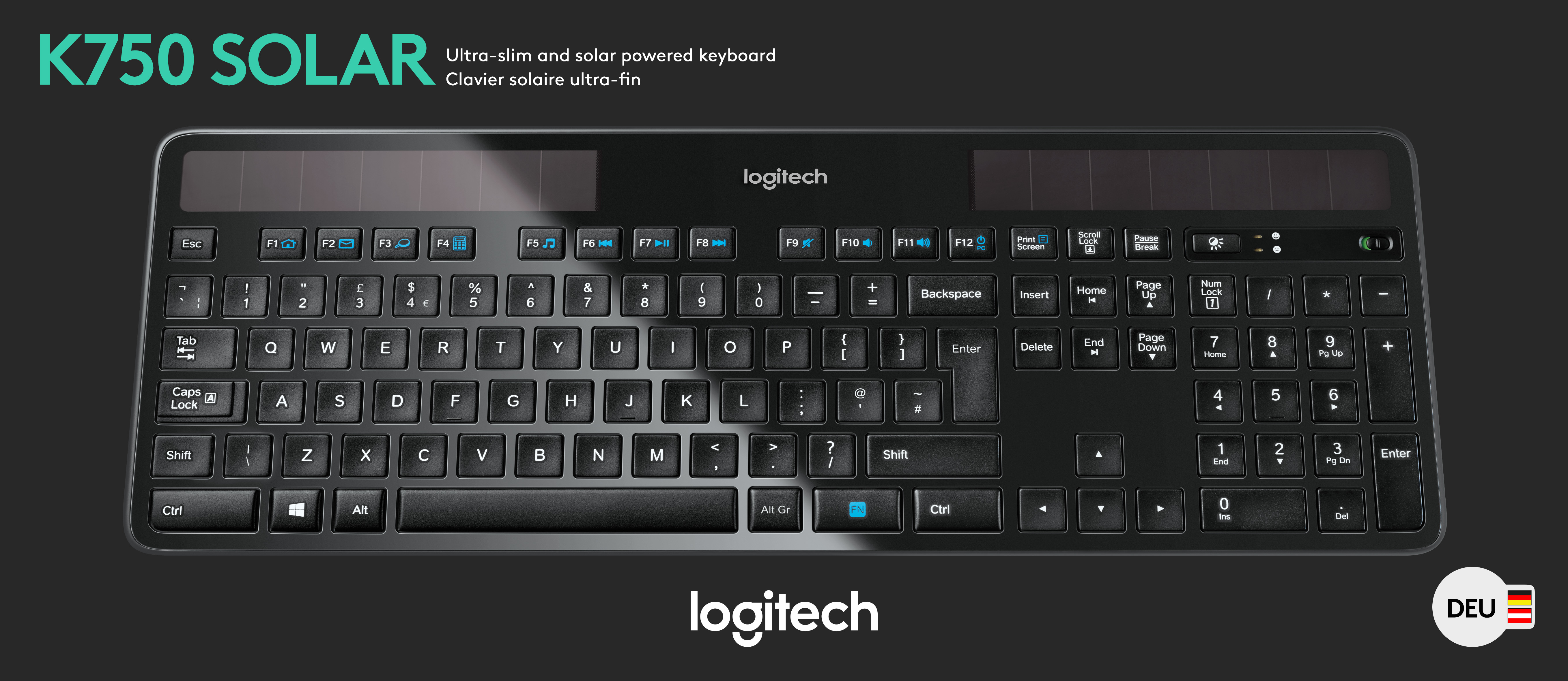 Logitech Tastatur K750, Wireless, Unifying, schwarz Solar, DE, Retail