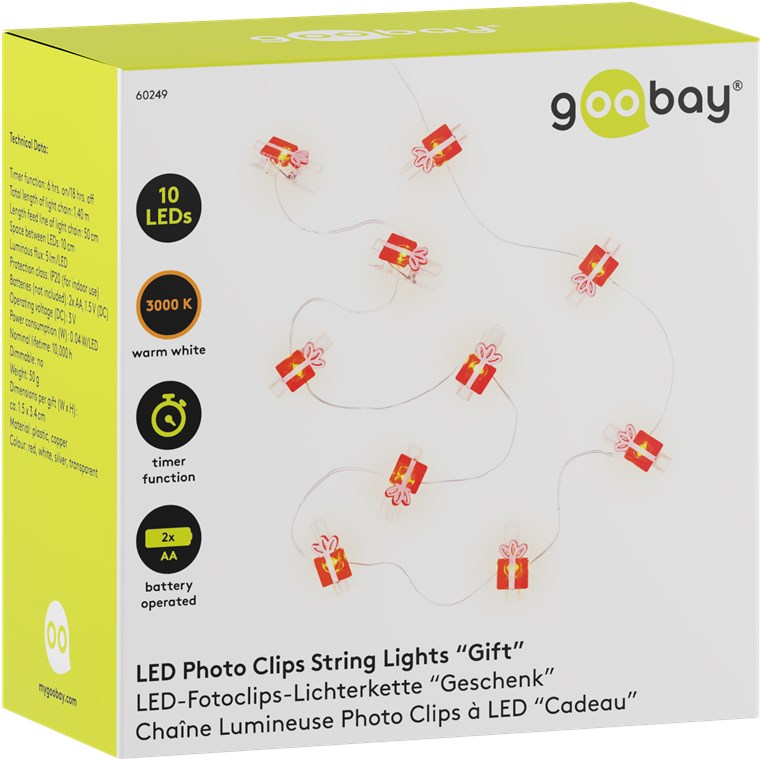 Goobay 10er LED-Fotoclips-Lichterkette "Geschenk" - mit Timer-Funktion, warmweiß (3000 K), batteriebetrieben