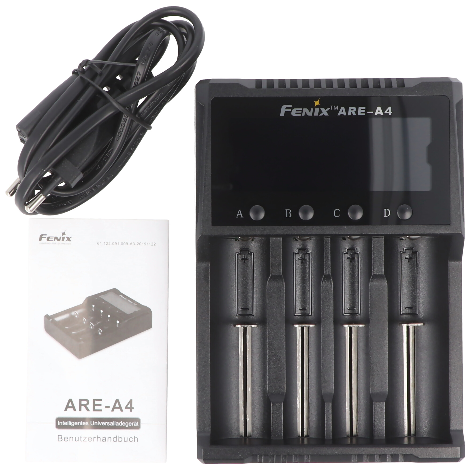 Fenix ARE-A4 Ladegerät für Li-ion 18650, 21700, AA, AAA, C, 26650 lädt bis max. 76mm Länge