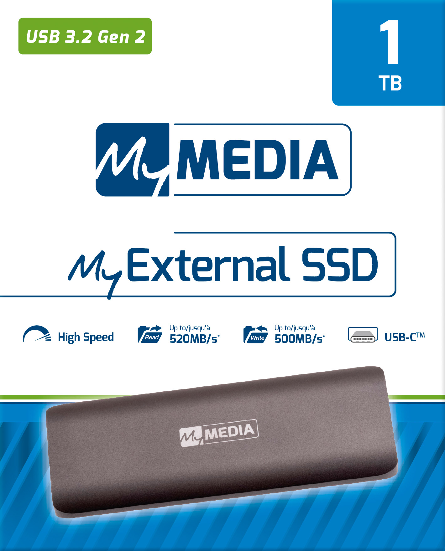 Mymedia SSD 1TB, USB 3.1, Typ A-C, Mini (R) 520MB/s, (W) 500MB/s, Retail-Blister