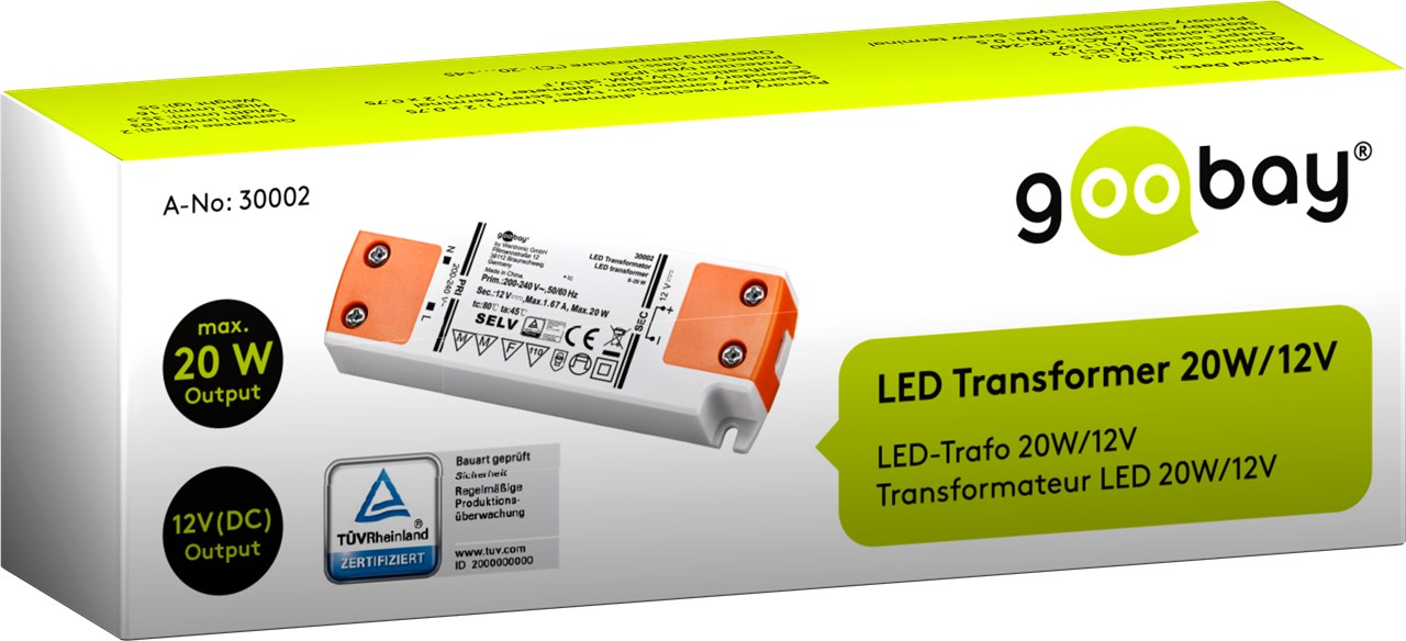 LED-Trafo 12 V/20 W 12 V DC für LEDs bis 20 W Gesamtlast