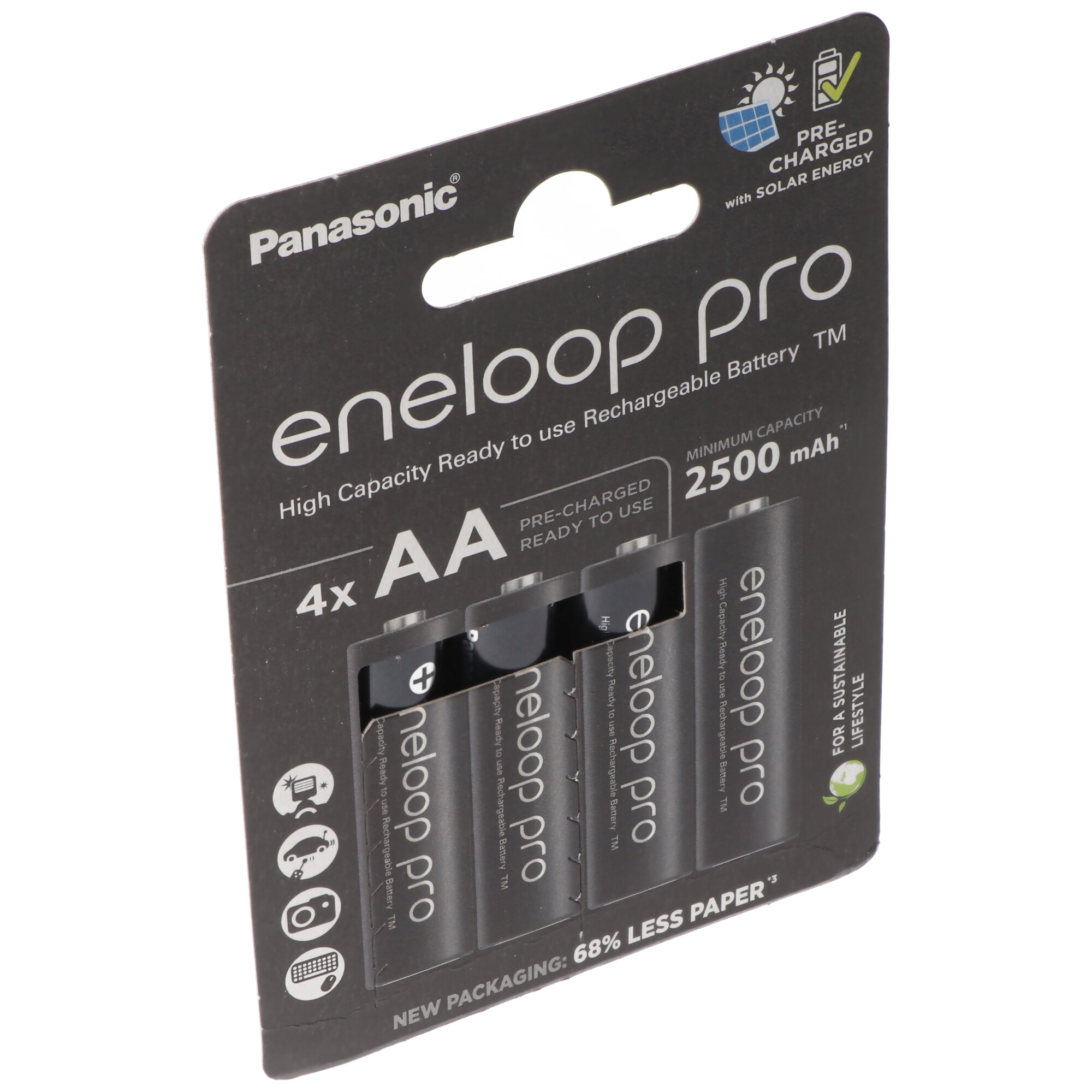 Panasonic eneloop pro, vorgeladen, Retail Blister (4-Pack) BK-3HCDE/4BE Akku NiMH, Mignon, AA, HR06, 1.2V und 2500mAh 5410853064152