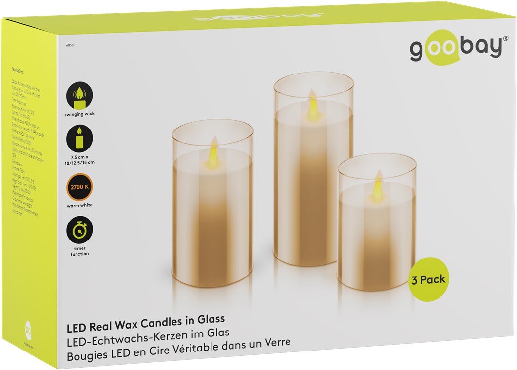 Goobay 3er-Set LED-Echtwachs-Kerzen im Glas - wunderschöne und sichere Lichtlösung für viele Bereiche wie Haus und Loggia, Büros oder Schulen