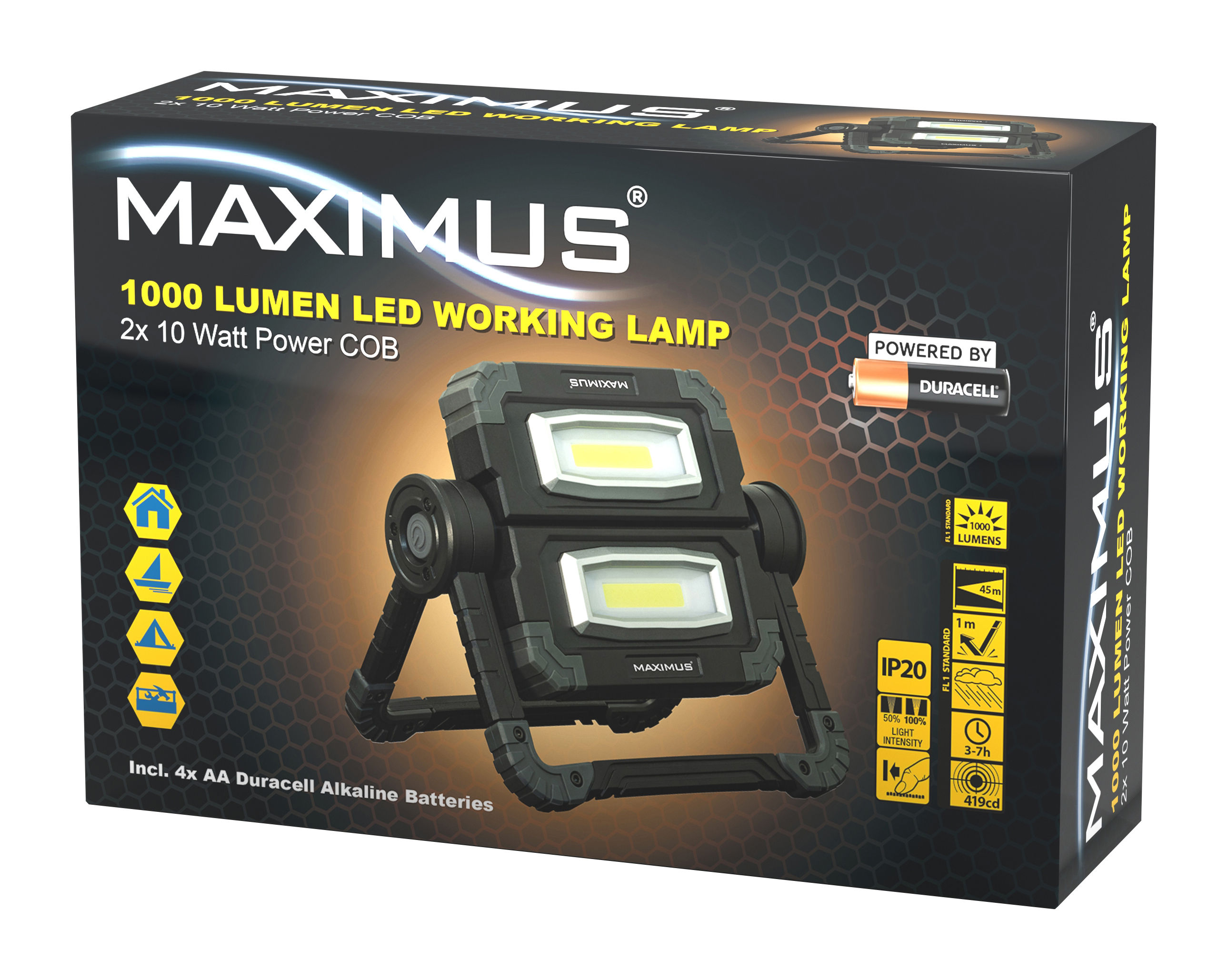 Maximus M-WKL-019B-DU LED Arbeitsscheinwerfer mit 2x 10 Watt LED, 1000 Lumen, batteriebetrieben mit 4x AA Batterien