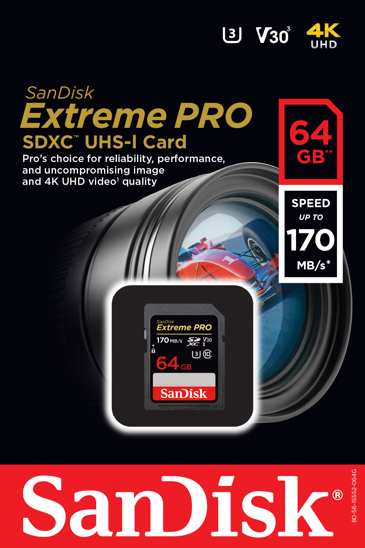 Sandisk SDXC-Card 64GB, Extreme PRO, U3, UHS-I, 4K UHD (R) 170MB/s, (W) 90MB/s, Retail-Blister
