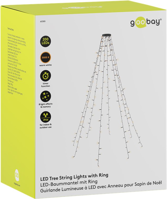 Goobay 200 LED-Baummantel mit Ring - mit Timer- und Memory-Funktion, 8 Leuchtmodi, 24-V-Außentrafo, warmweiß (3000 K), für den Innen- und Außenbereich (IP44)