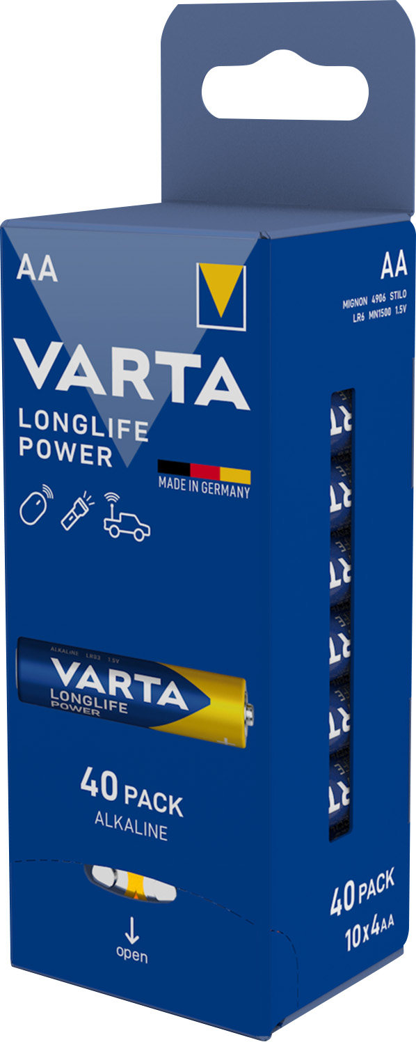 Varta Batterie Alkaline, Mignon, AA, LR06, 1.5V Longlife Power, Retail Box (40-Pack)
