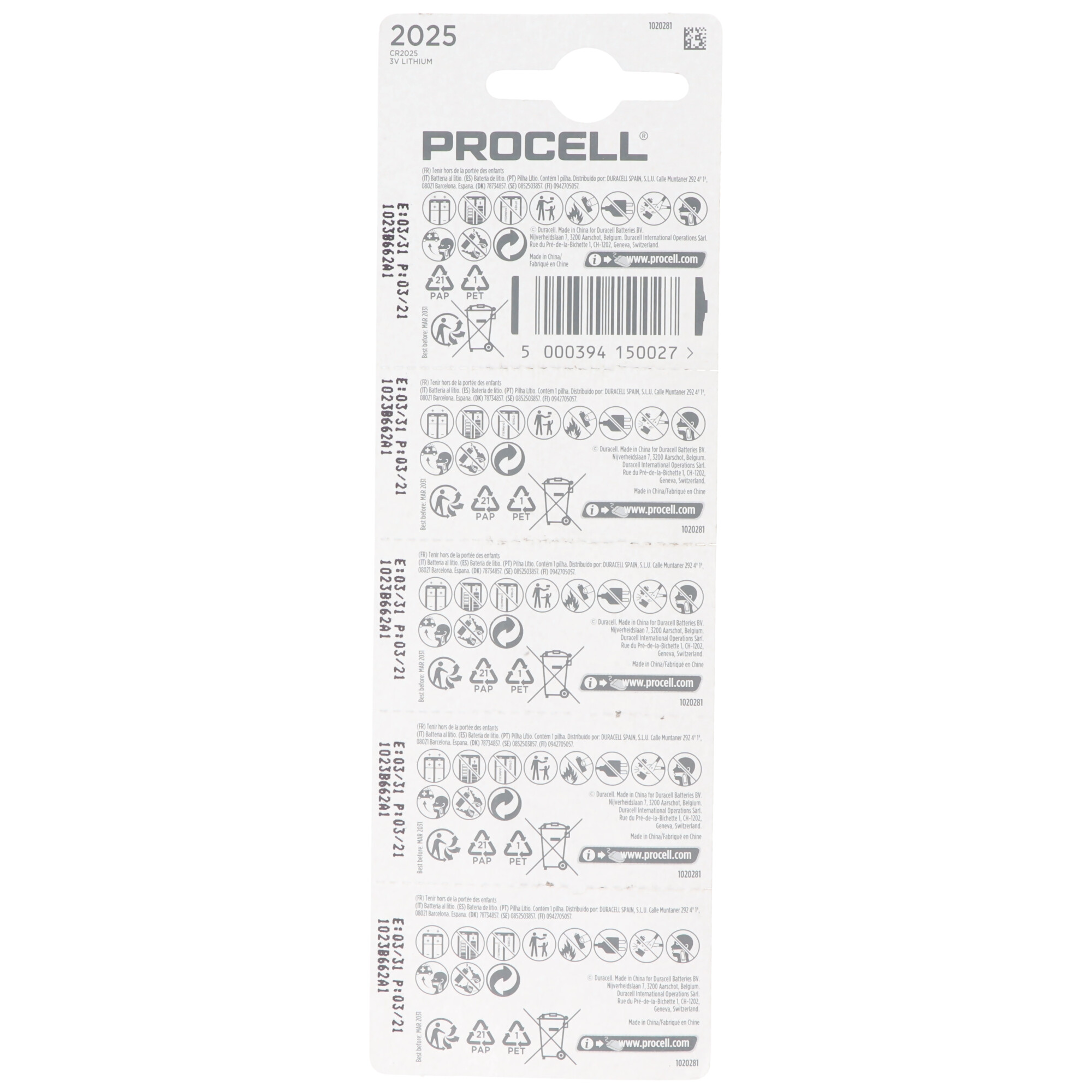 Duracell Batterie Lithium, Knopfzelle, CR2025, 3V Retail Blister (5-Pack)