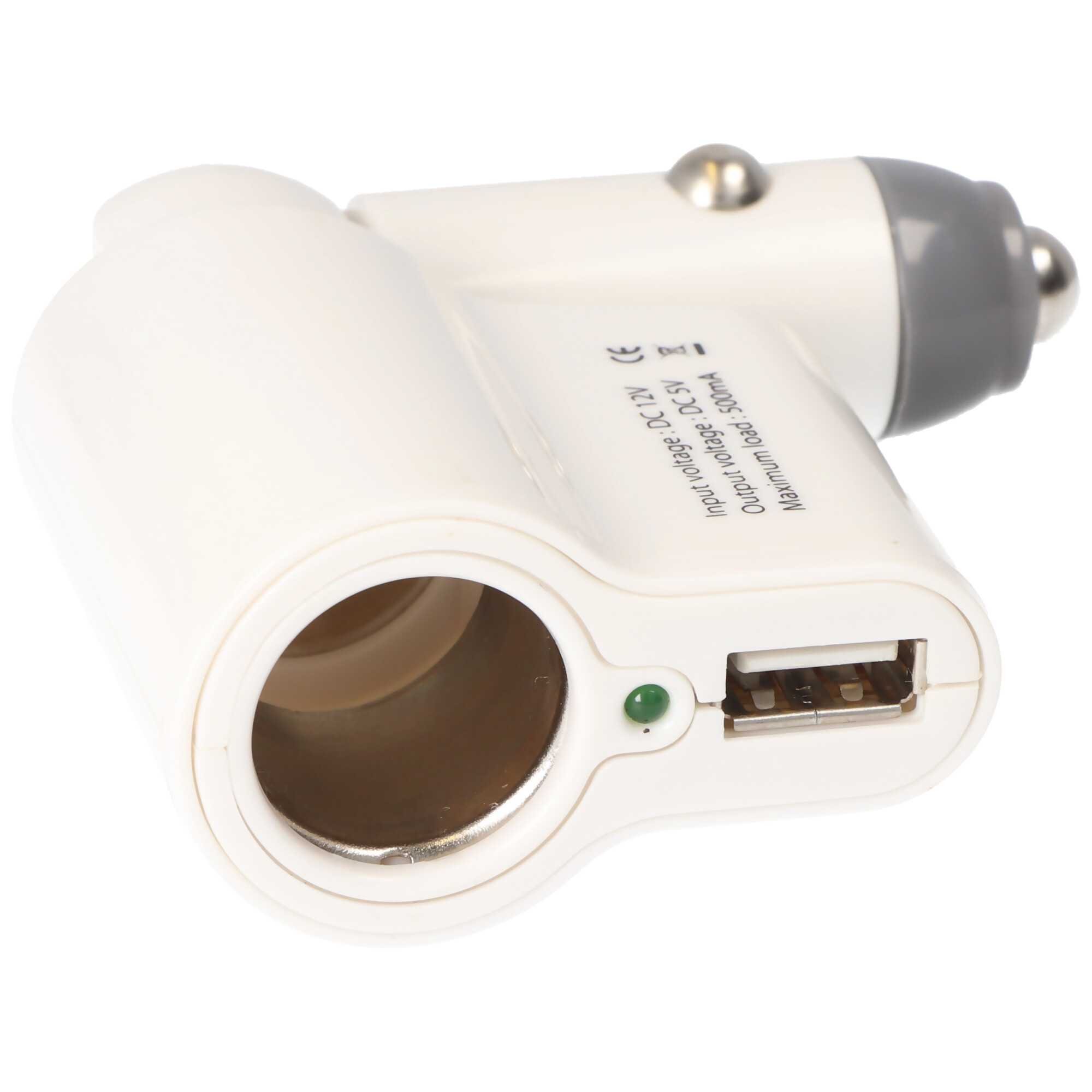 Kfz-Ladegerät mit Buchse und USB, Weiß, Autoladegerät BH-13007, input DC 12V, output 5V, 500mA