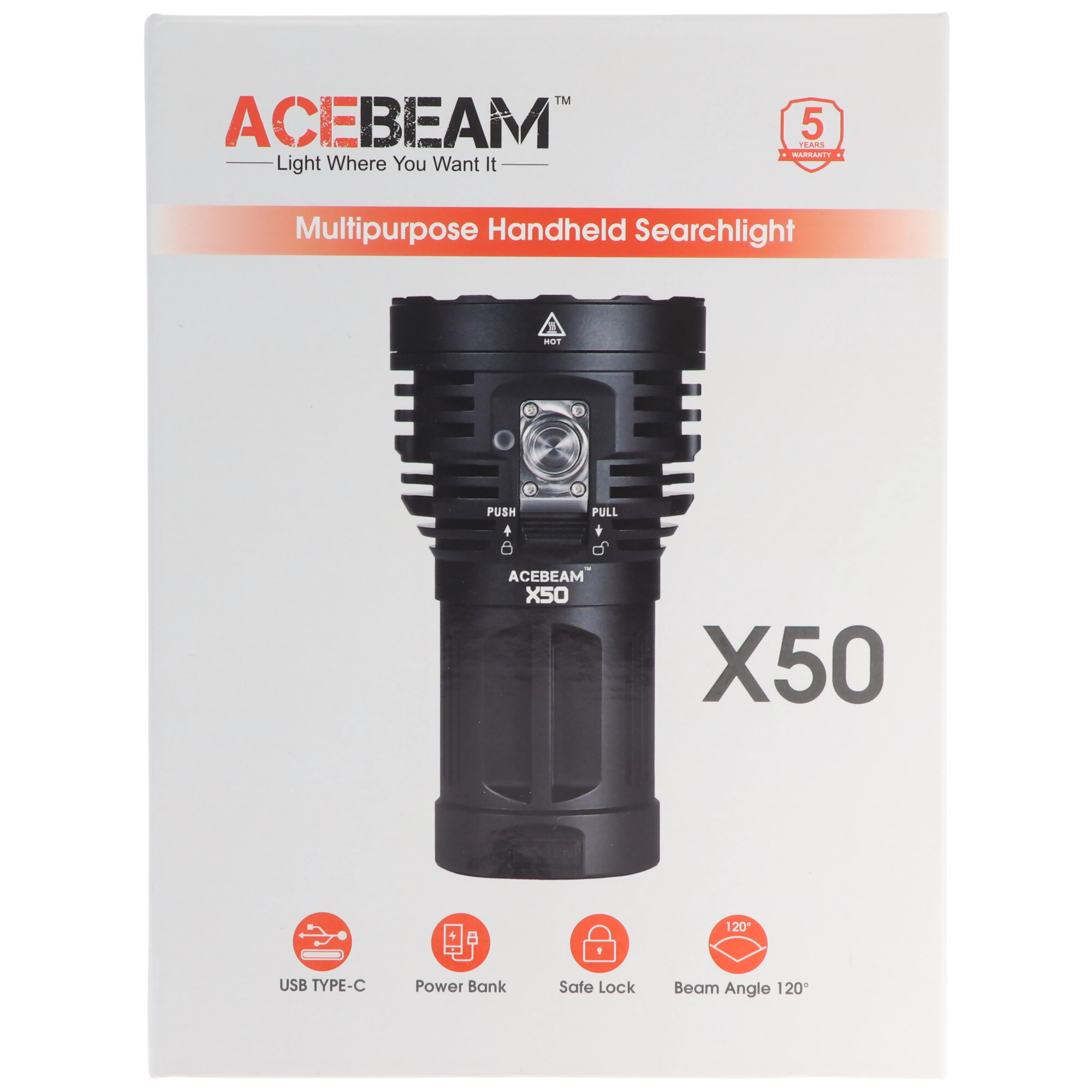 AceBeam X50 2.0 mit 45.000 Lumen Leuchtkraft, inklusive Akku, Ladegerät, Holster, kaltweiß, 6500K