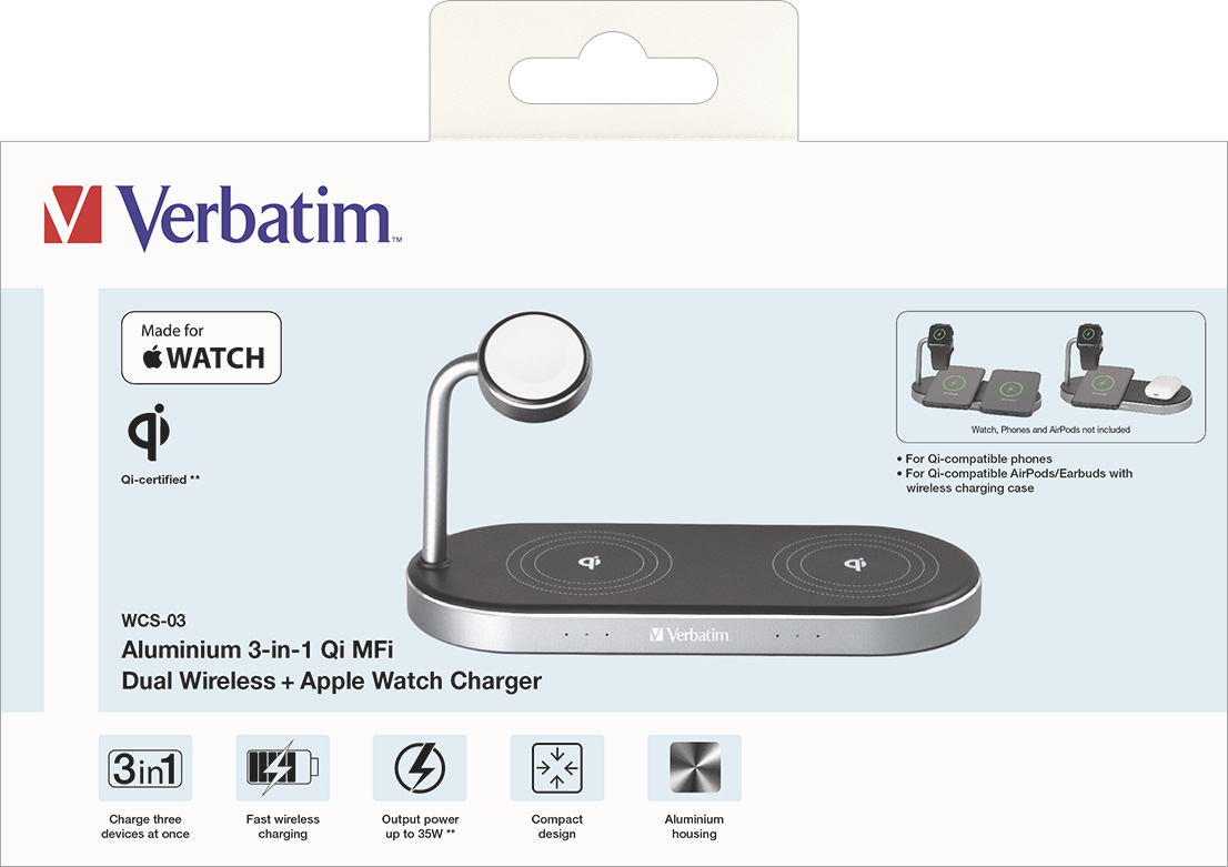Verbatim Wireless Charger, 3-in-1, Qi, MFi, WCS-03, schwarz 2x Smartphone, 1x Smartwatch, Retail