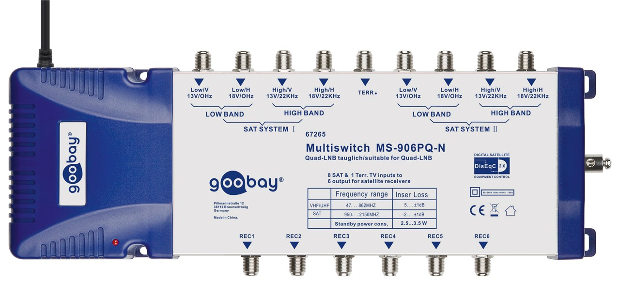 Goobay SAT-Multischalter 9 Eingänge/6 Ausgänge - Verteiler für max. 6 Teilnehmer von zwei Satelliten