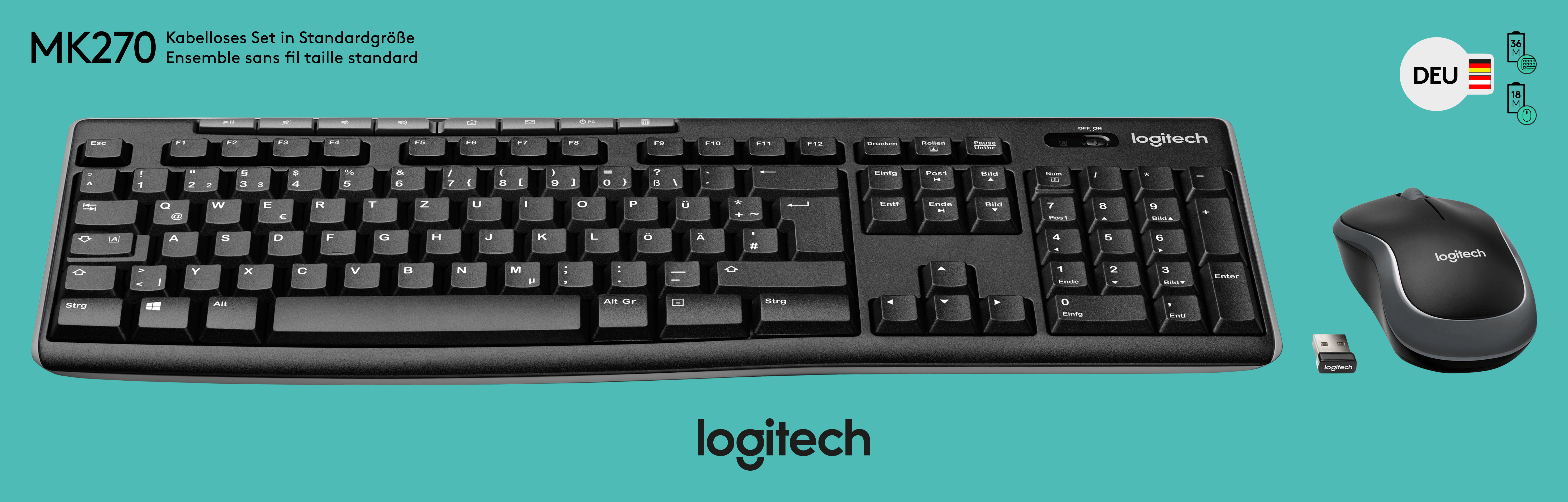 Logitech Tastatur/Maus Set MK270, Wireless, schwarz DE, Optisch, 1000 dpi, Retail