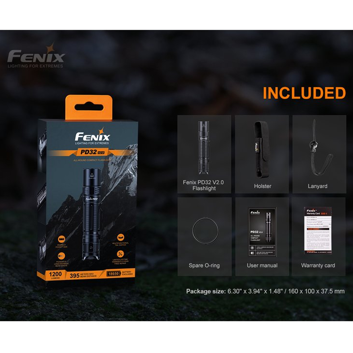 Fenix PD32 V2.0 LED Taschenlampe mit 1200 Lumen, 395 Meter Leuchtweite, ohne Akku