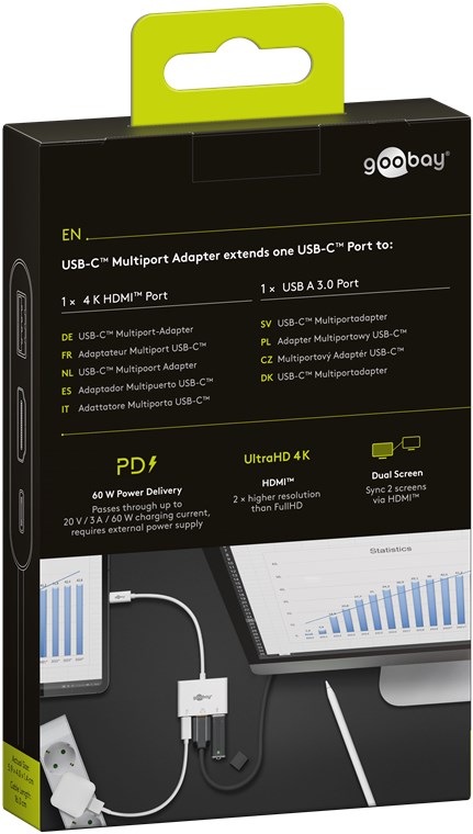 Goobay USB-C™ Multiport-Adapter HDMI™ (4K30Hz)+C, 3A 60W, weiß - Erweitert ein USB-C™ Gerät um einen HDMI™- und einen USB A 3.0-Anschluss
