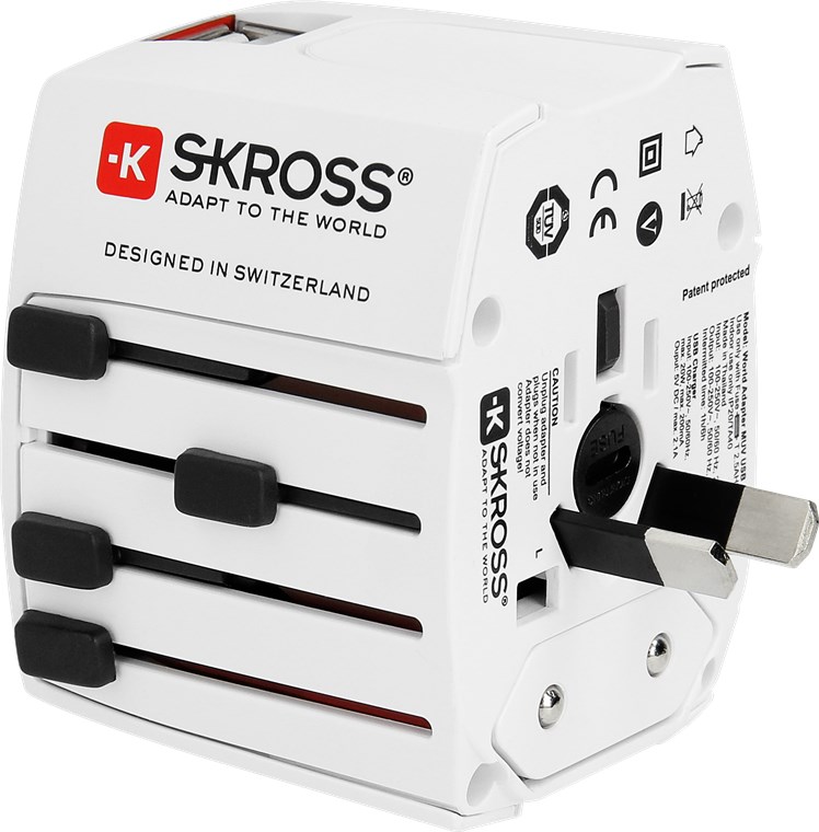 Skross World Adapter MUV USB - geeignet für alle ungeerdeten Geräte (2-pol.), mit integriertem dualem USB-Ladegerät
