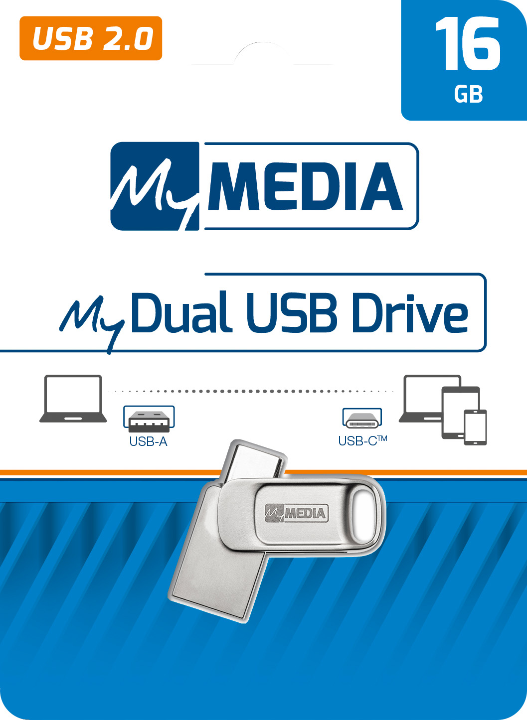 Mymedia USB 2.0 OTG Stick 16GB, Typ A-C, My Dual, silber Retail-Blister