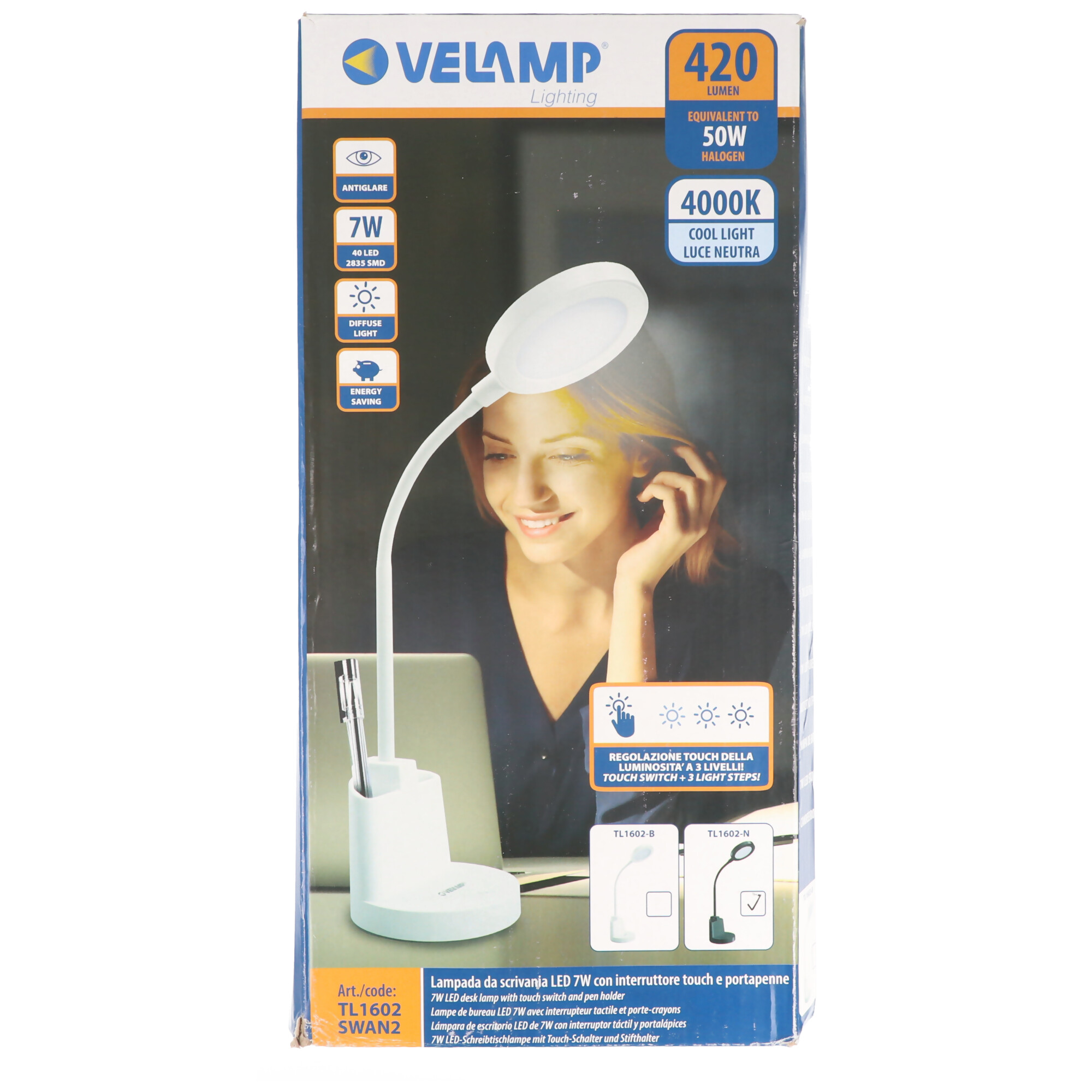 Velamp SWAN2: 7W LED Schreibtischlampe mit Berührungsschalter und Stifthalter. Schwarz