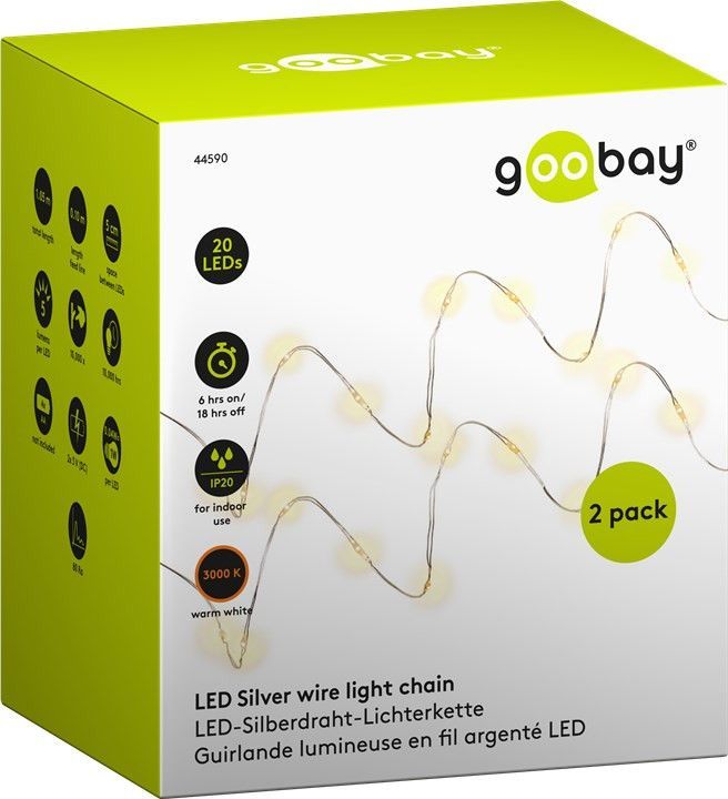 Goobay 2 x 20er LED-Silberdraht-Lichterkette, inkl. Timer - Stimmungsvolle Leuchtdekoration für den Innenbereich