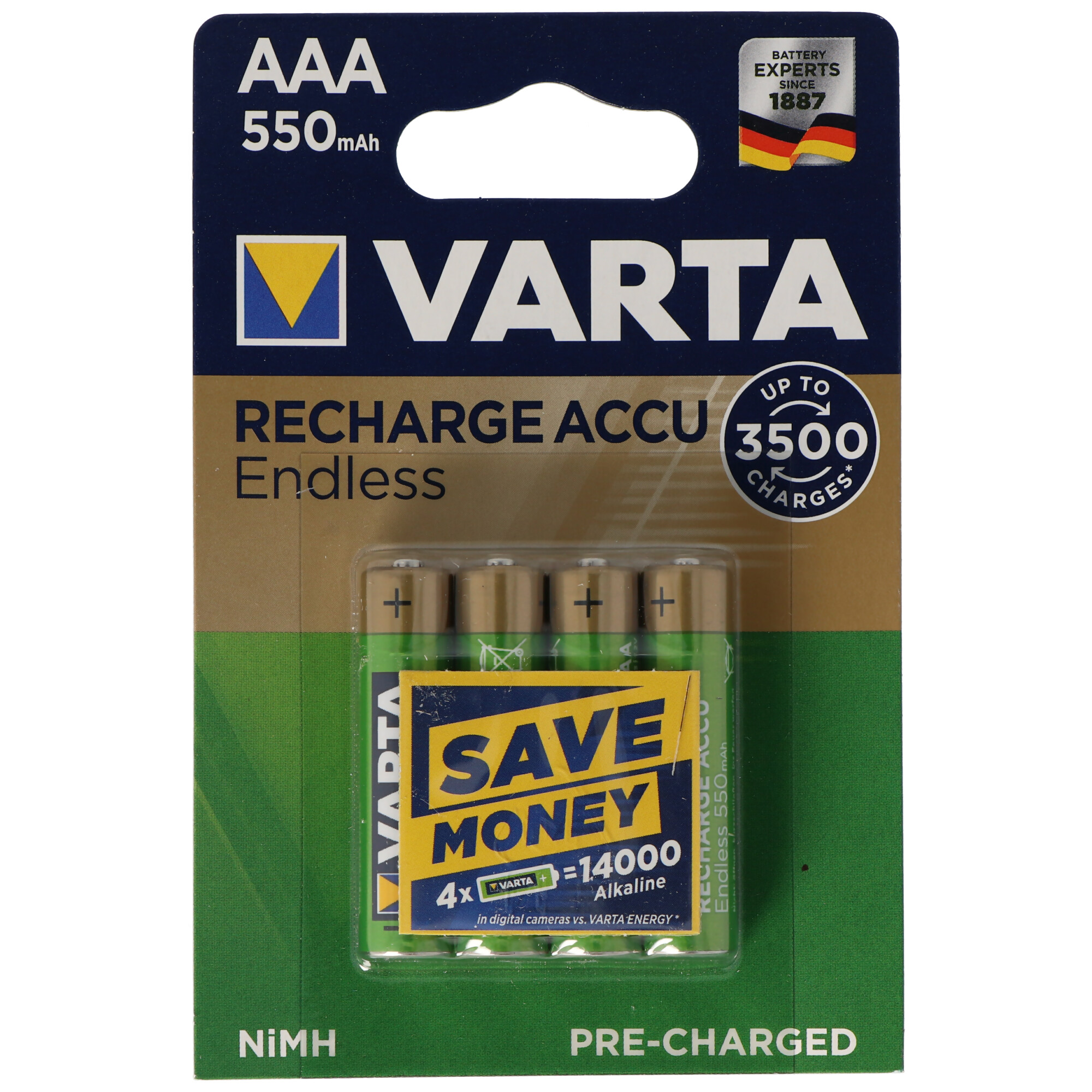 Varta Recharge Accu Endless 56663101404 AAA LR03 Akku 4er Blister 1,2 Volt 550mAh bis zu 3500x aufladbar, inklusive kostenloser AccuCell Akkubox