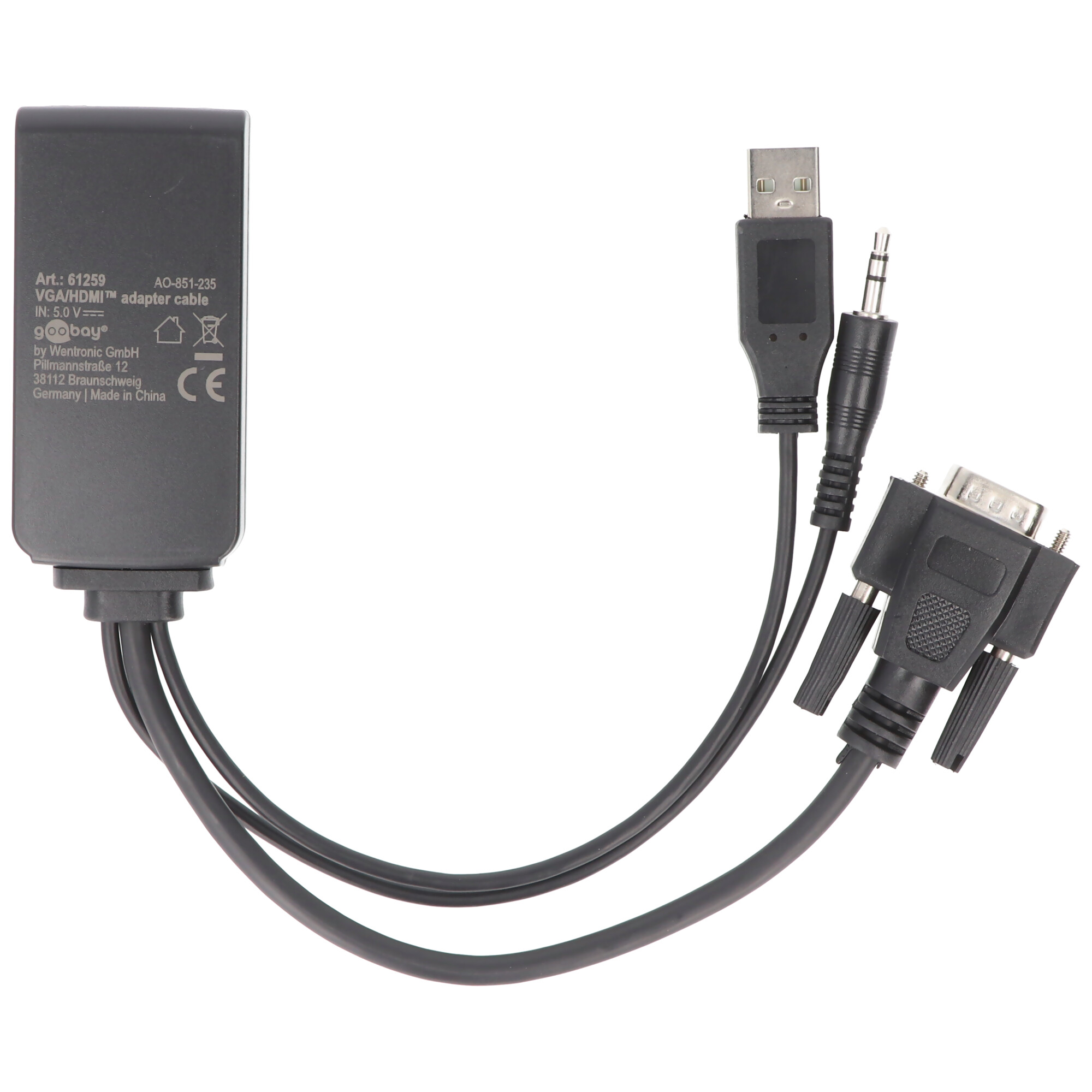 Goobay VGA/HDMI™-Adapterkabel - VGA-Stecker (15-polig) + Klinke 3,5 mm Stecker (3-Pin, stereo) > USB 2.0-Stecker (Typ A)