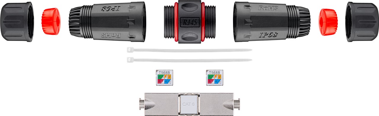Goobay Outdoor (IP68) Netzwerkkabel-Verbinder, CAT 6 STP geschirmt - staub- und wasserdicht, Klemmleiste für LSA Montage (werkzeugfrei)