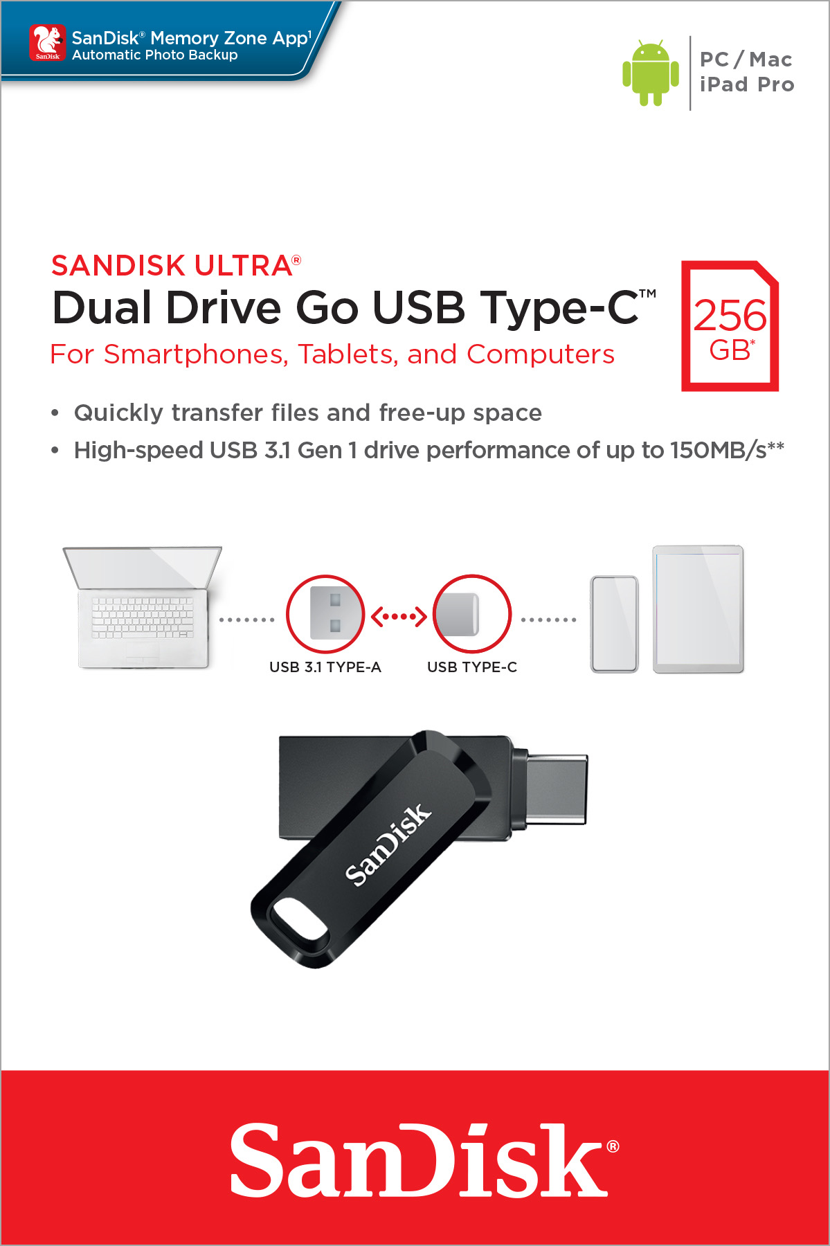 Sandisk USB 3.1 OTG Stick 256GB, Ultra Dual Go Typ-A-C, (R) 150MB/s, Memory Zone, Retail-Blister