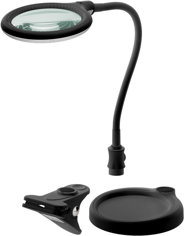 Goobay LED-Stand-/Klemm-Lupenleuchte, 6 W, schwarz - 480 lm, 100 mm Glaslinse, 1,75-fache Vergrößerung, 3 Dioptrien