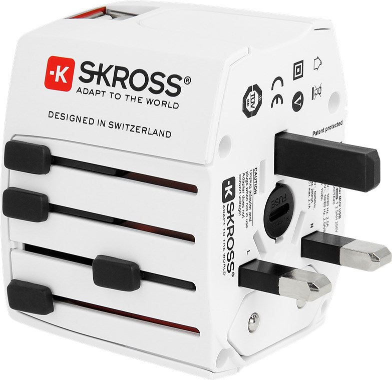 Skross World Adapter MUV USB - geeignet für alle ungeerdeten Geräte (2-pol.), mit integriertem dualem USB-Ladegerät